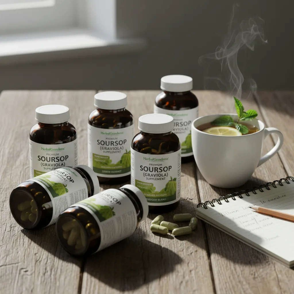 soursop supplement capsules on table