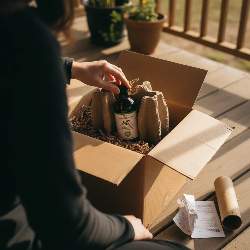 Inspecting a cold-pressed oil bottle on delivery