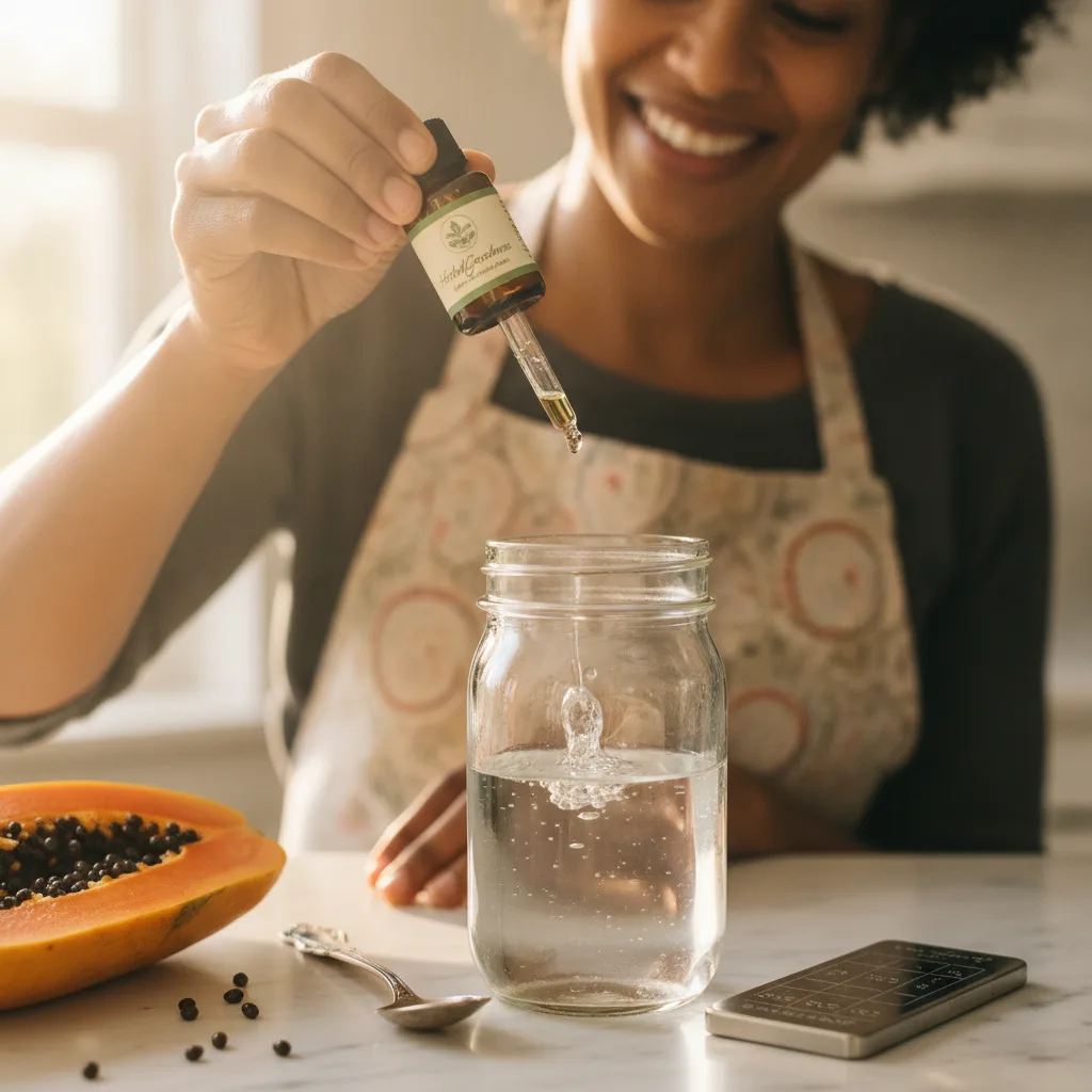 papaya seed extract dropper with kitchen backdrop