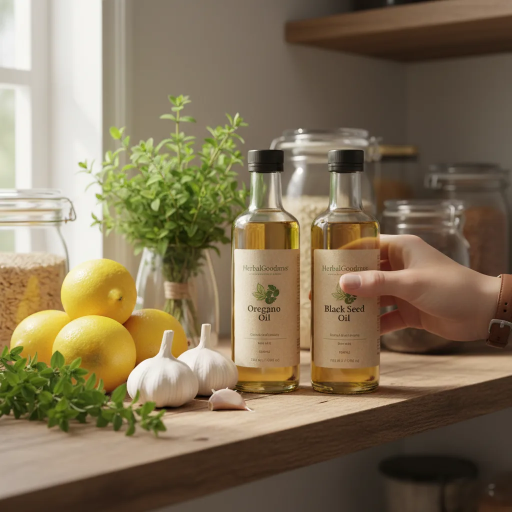 bottles of oregano oil and black seed oil