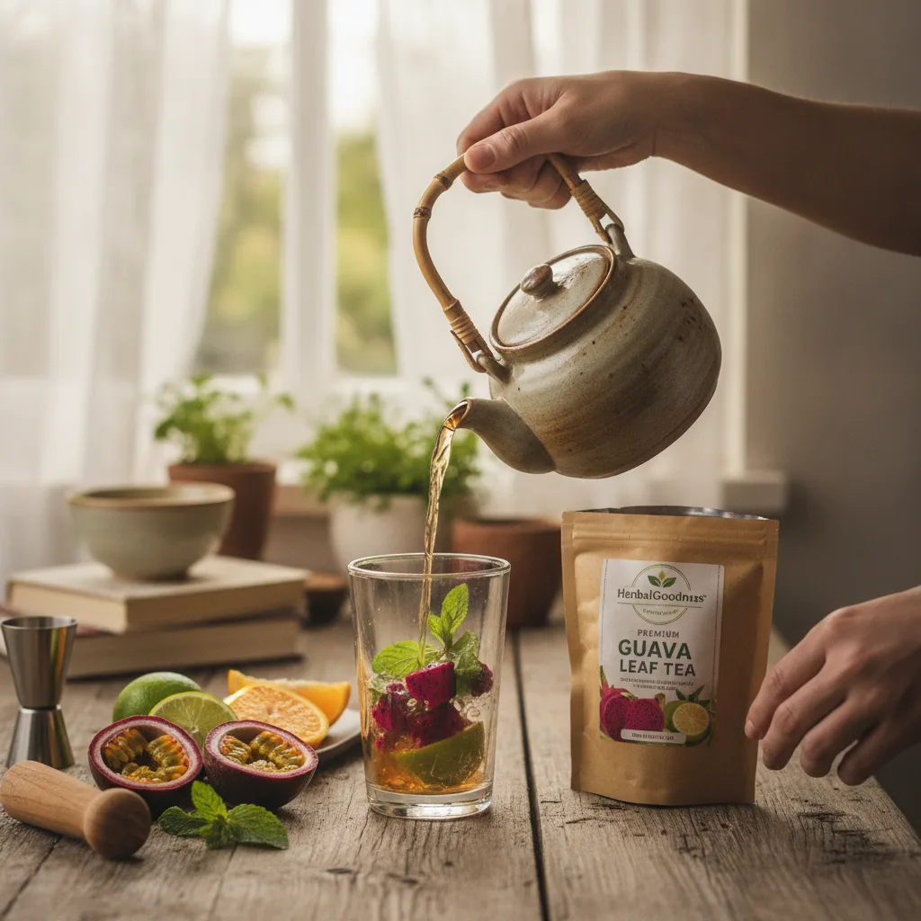 guava-leaf-mocktail-pouring-tea