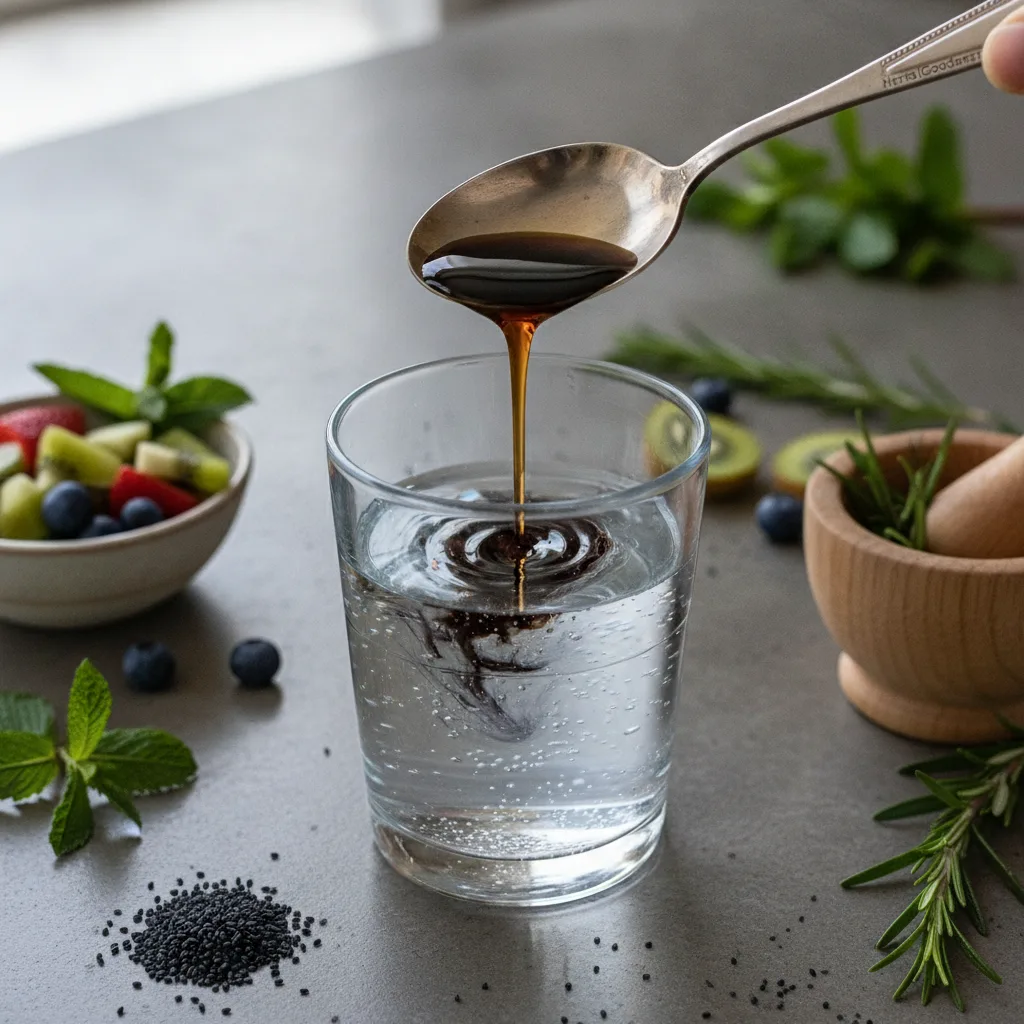 bottle of black seed oil and capsules