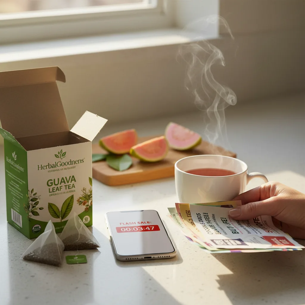guava leaf tea cup and leaves