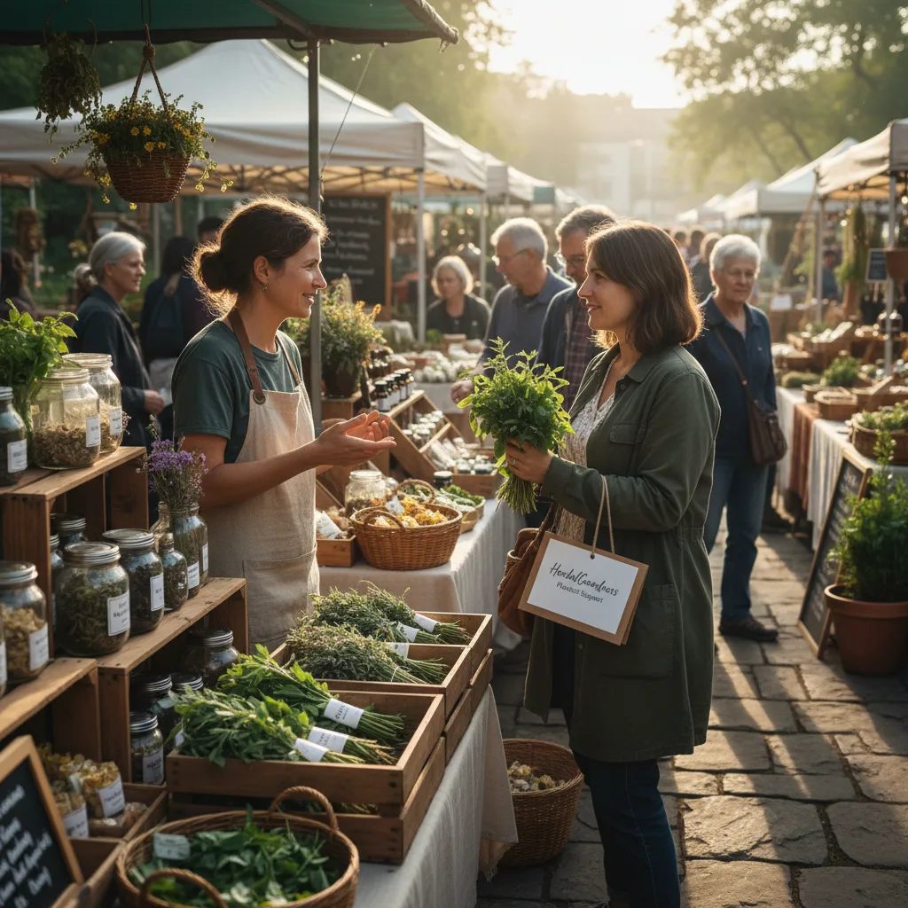sampling herbal products at farmers market