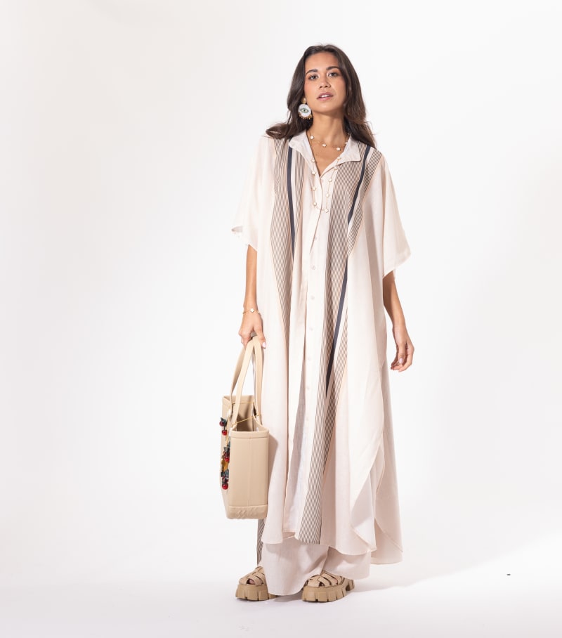 Ensemble pantalon beige Licorne Passion en pied, tunique longue rayée et pantalon fluide assorti
