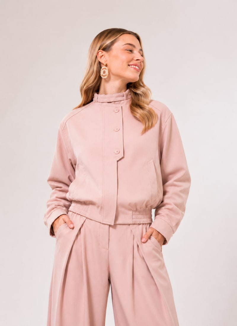 Ensemble blouson pantalon rose poudré Licorne Passion porté avec top brillant, blouson oversize et taille haute