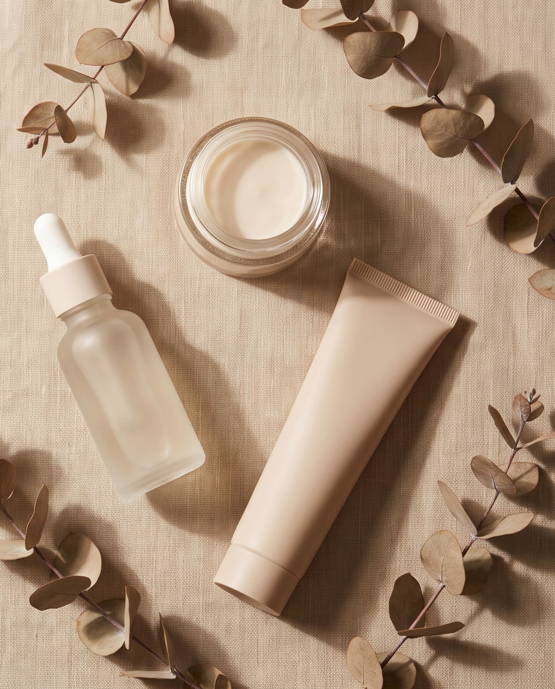 Serums de Licsy Cosmetics (Niacinamida, Vitamina C, Acido Hialuronico) sobre fondo beige, composicion editorial.