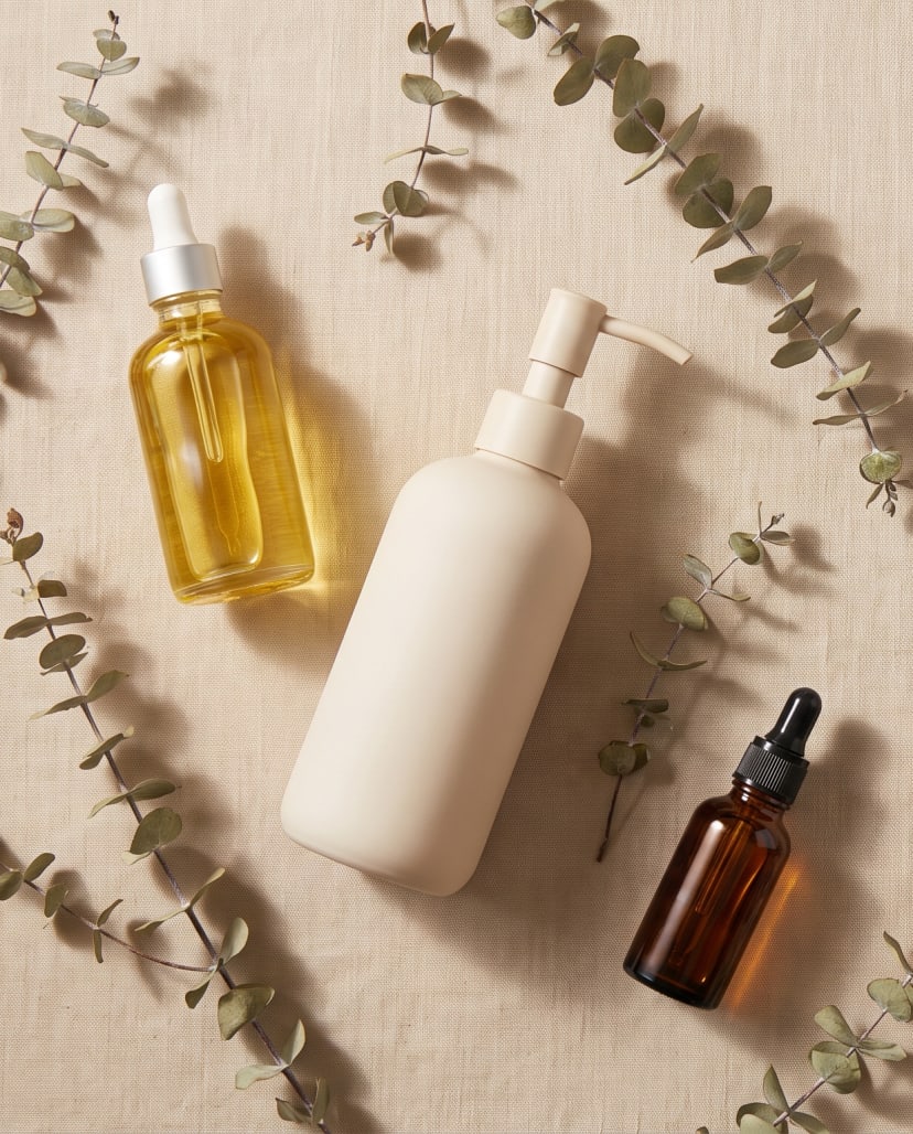 Aceites y tratamientos capilares de Licsy Cosmetics sobre fondo beige, composicion editorial.
