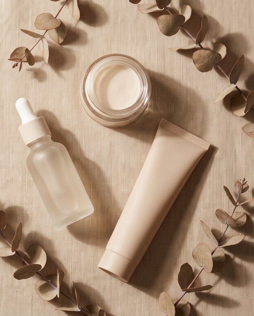 Serums de Licsy Cosmetics (Niacinamida, Vitamina C, Acido Hialuronico) sobre fondo beige, composicion editorial.