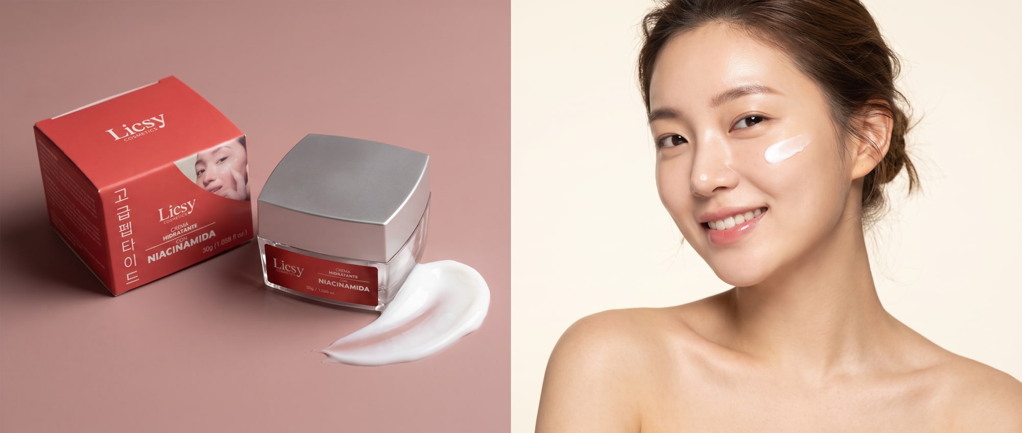 Crema Hidratante con Niacinamida de Licsy Cosmetics junto a una modelo coreana aplicándose el producto
