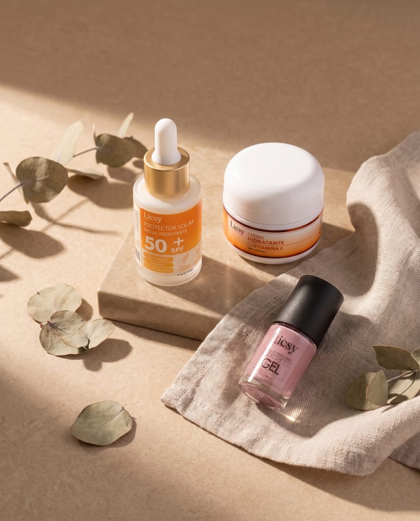 Flat-lay editorial de Licsy Cosmetics: protector solar facial SPF 50+, crema hidratante con vitamina C y esmalte gel, sobre fondo beige con hojas de eucalipto.