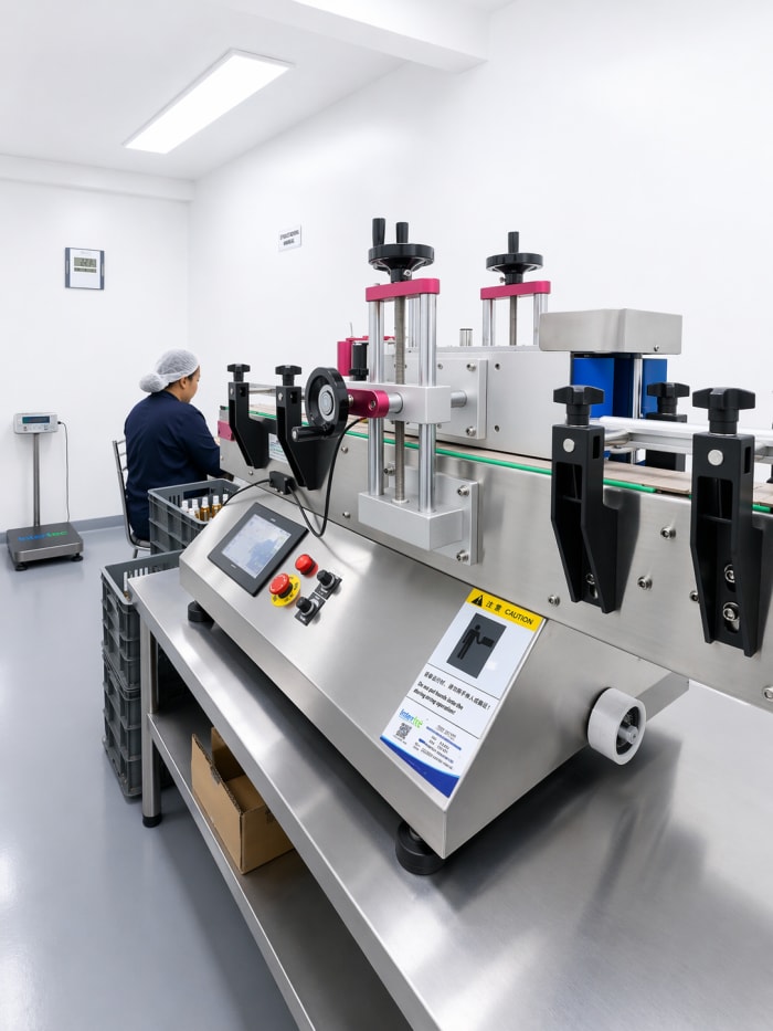 Máquina etiquetadora automática planta Laboratorios Tecnolabs Bogotá — exportación cosmética