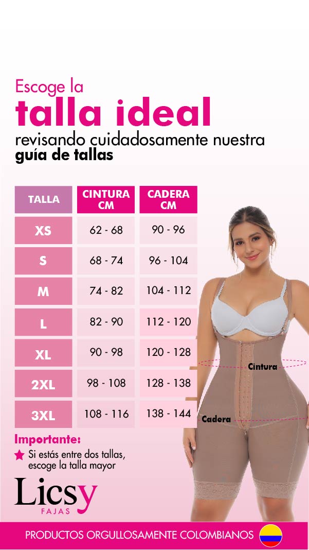 Guia de tallas de fajas colombianas Licsy (medidas del cuerpo en cm)