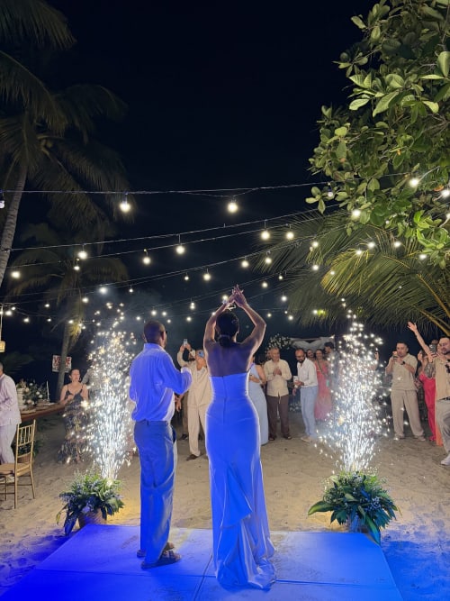 Sparklers on the dance floor - real wedding held at Villa Lotus Tolú, Colombia