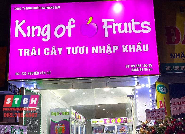 Bảng hiệu trái cây tươi sáng, phong cách trẻ trung, sử dụng hình trái cây nổi bật.