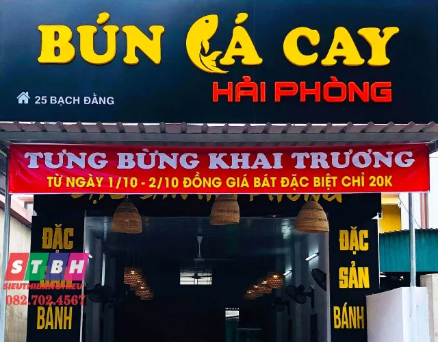 Bảng hiệu bún cá hiện đại với chữ nổi mica