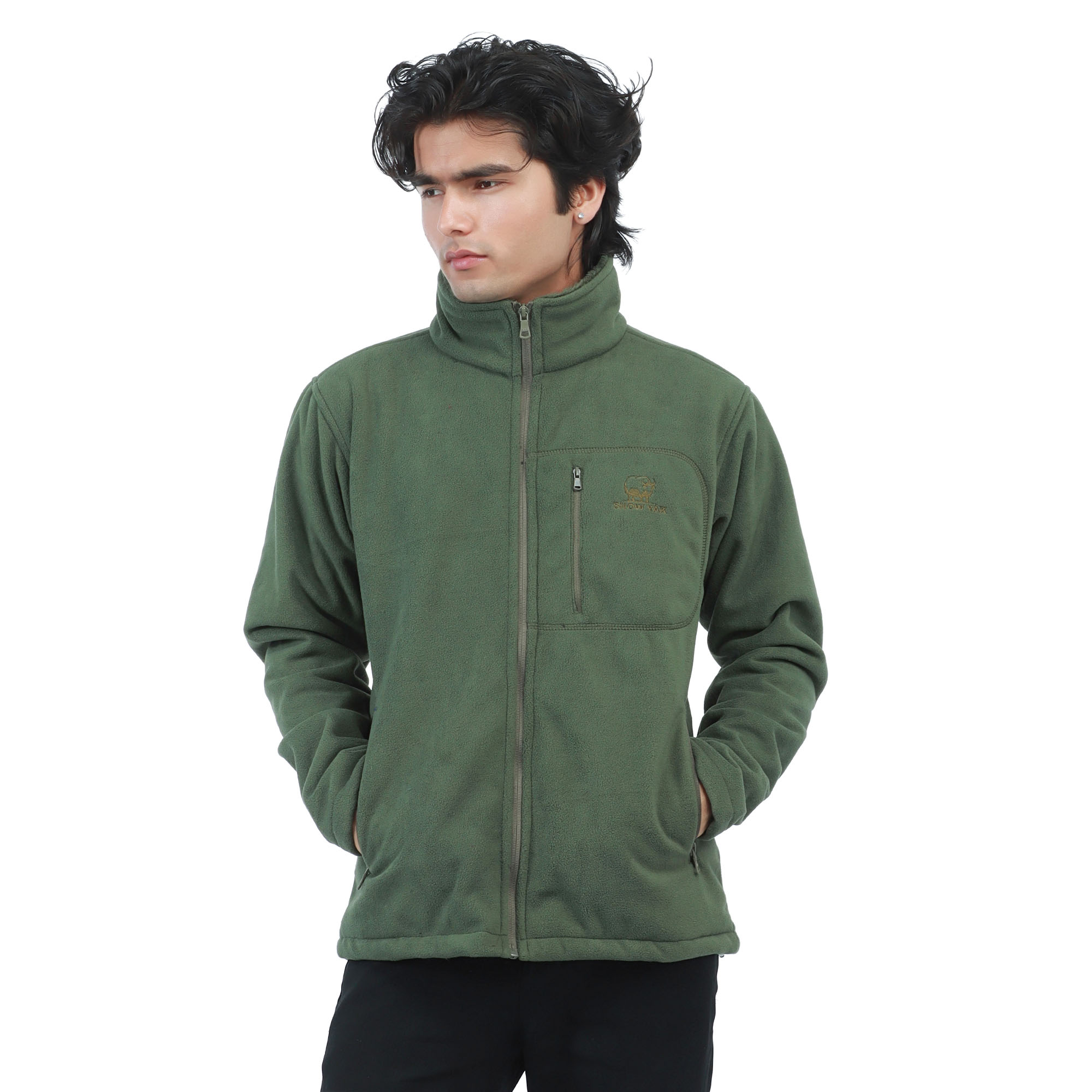 Snow Yak Green Color Full Sleeve Inner Fur Wind Proof Polar Fleece Jacket For Men
