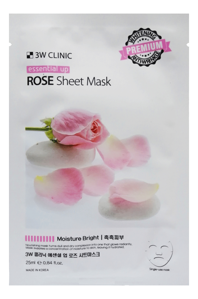 3W Clinic Rose Essential Up Sheet Mask with Rose Extract for Soothing, Radiant Skin - 25ml