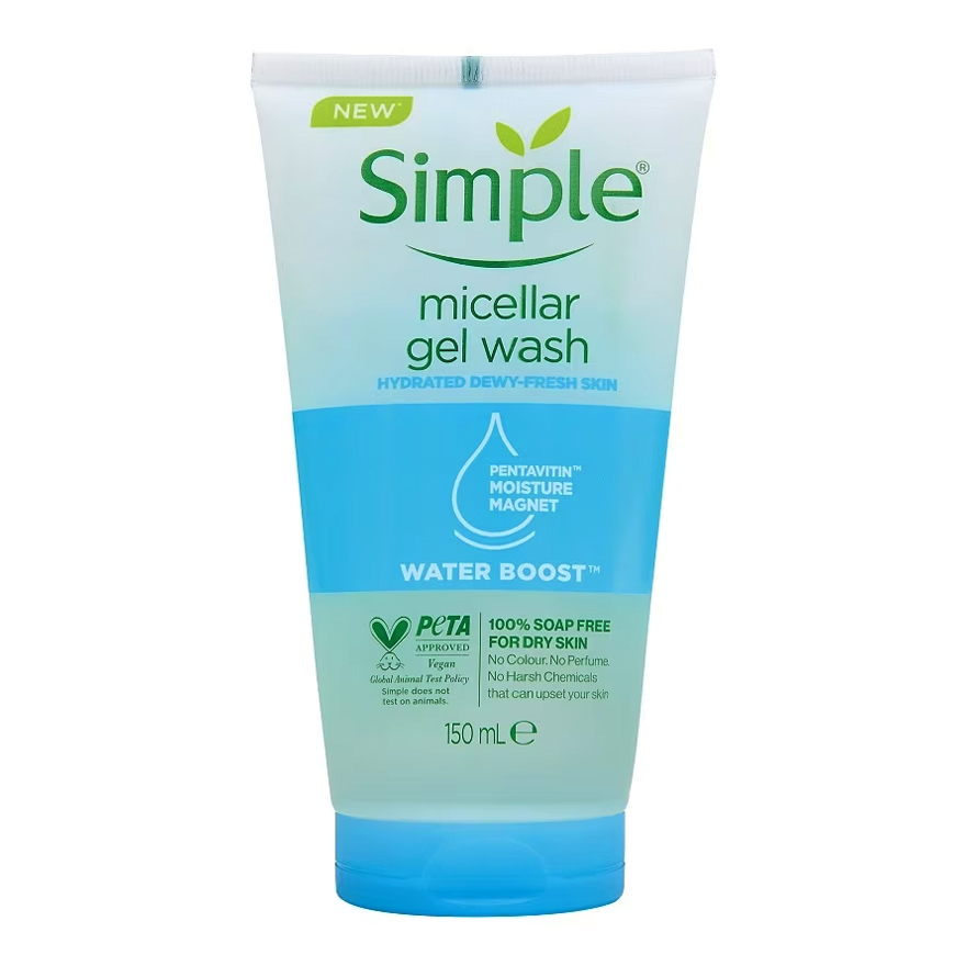 Simple Water Boost Micellar Facial Gel Wash, Soap-Free Gentle Cleanser for Dry & Sensitive Skin, 150ml