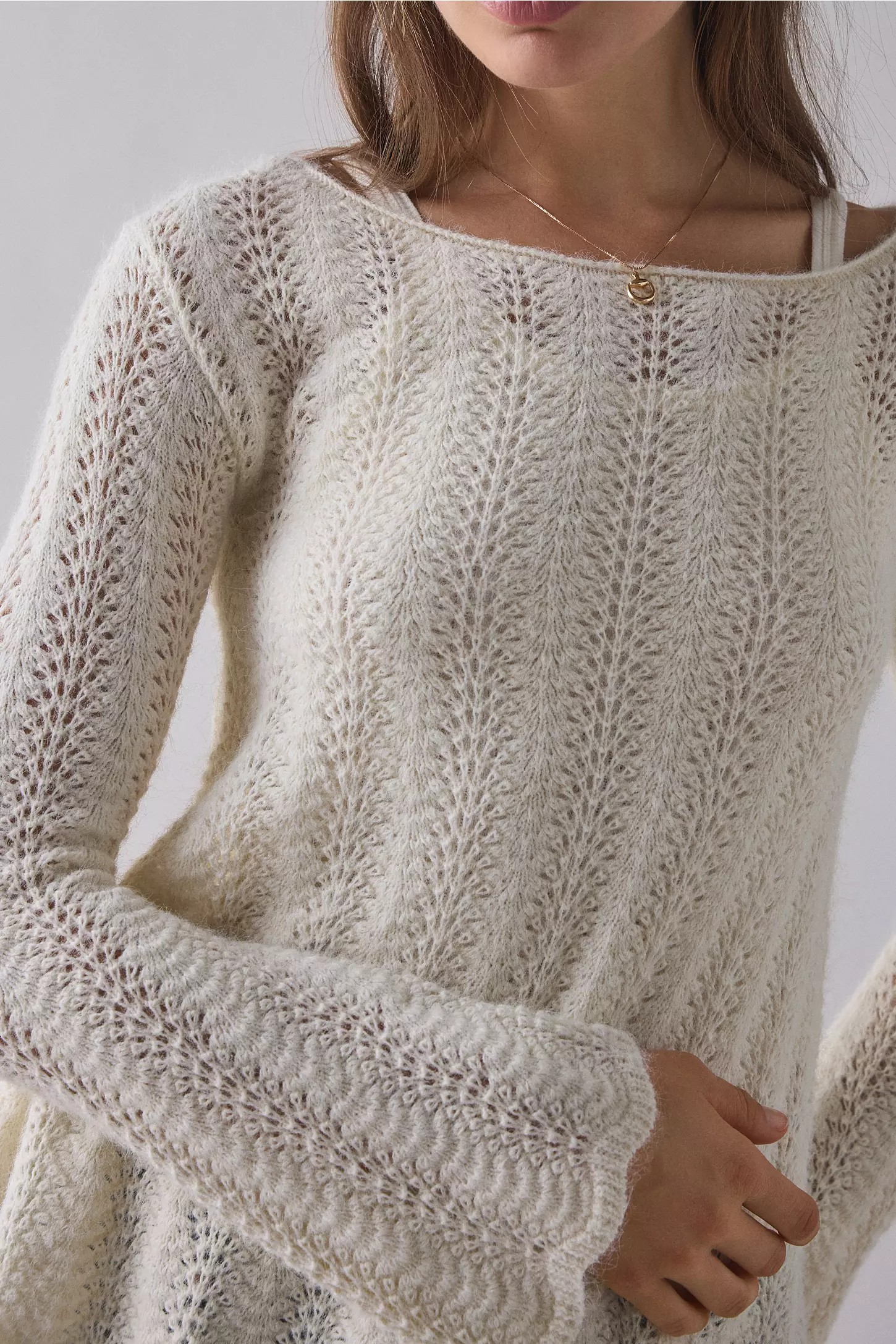 Trapeze Bell Sleeve Pointelle Knit Sweater