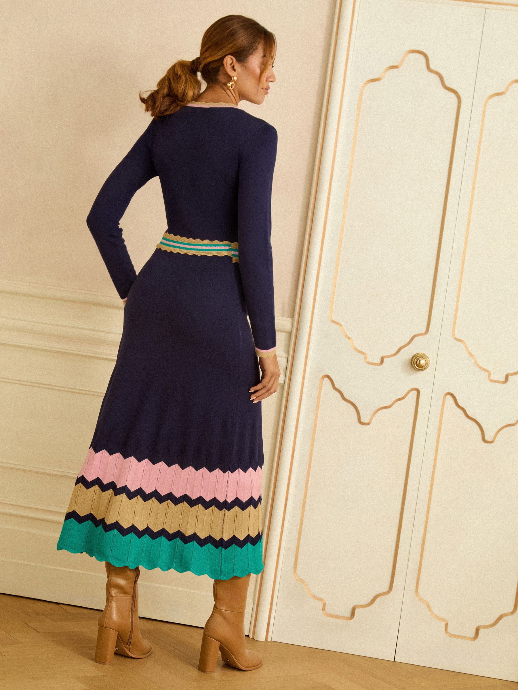 Navy Notch Neck Chevron Knit Midi Dress