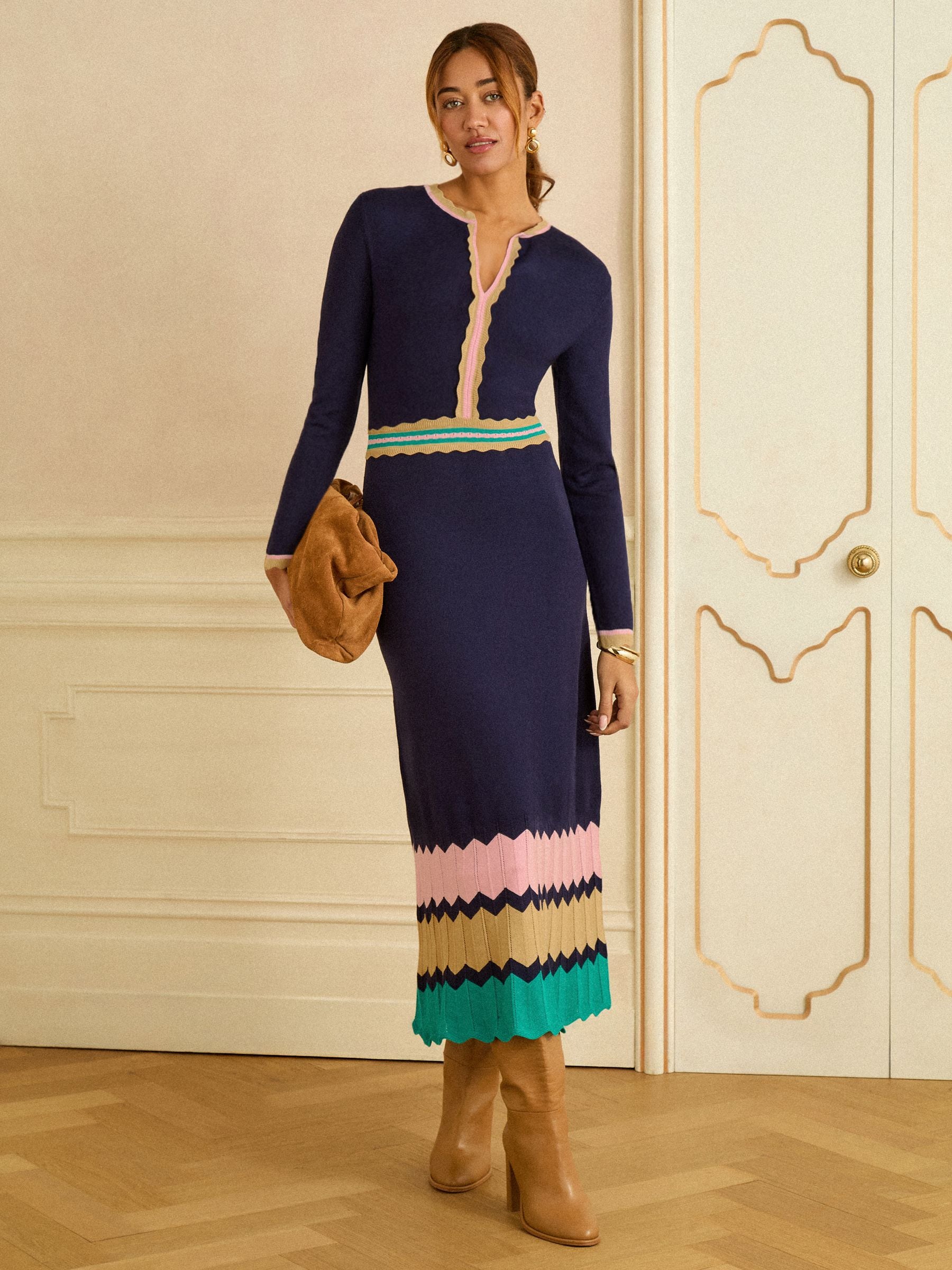 Navy Notch Neck Chevron Knit Midi Dress