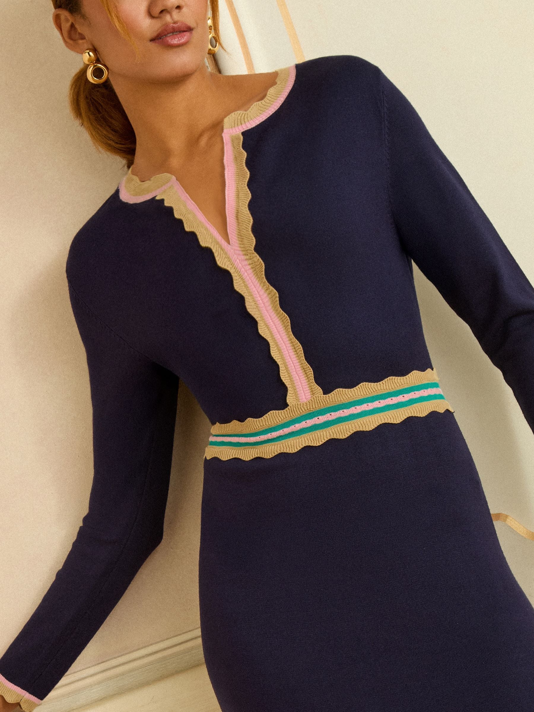 Navy Notch Neck Chevron Knit Midi Dress