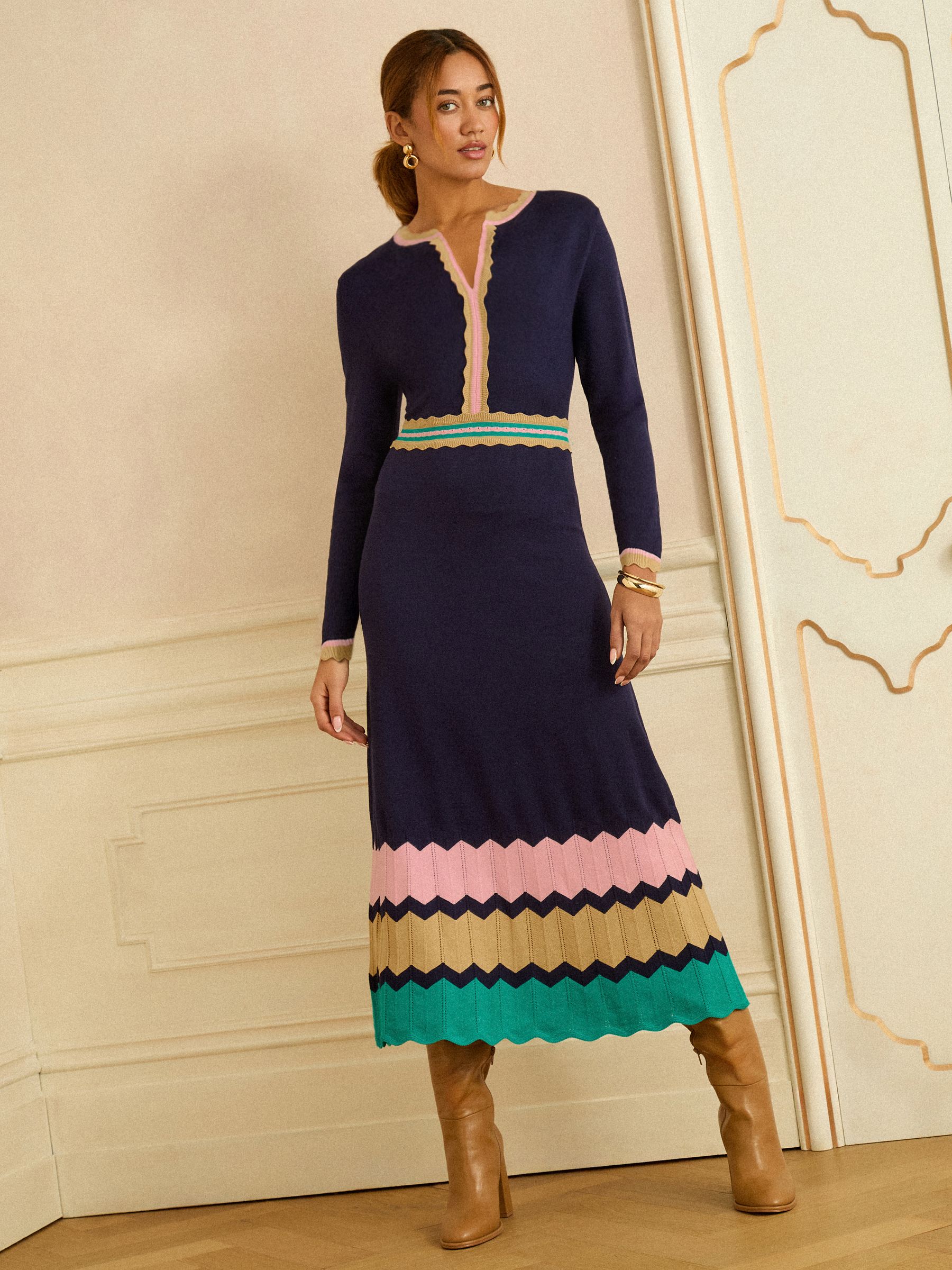 Navy Notch Neck Chevron Knit Midi Dress