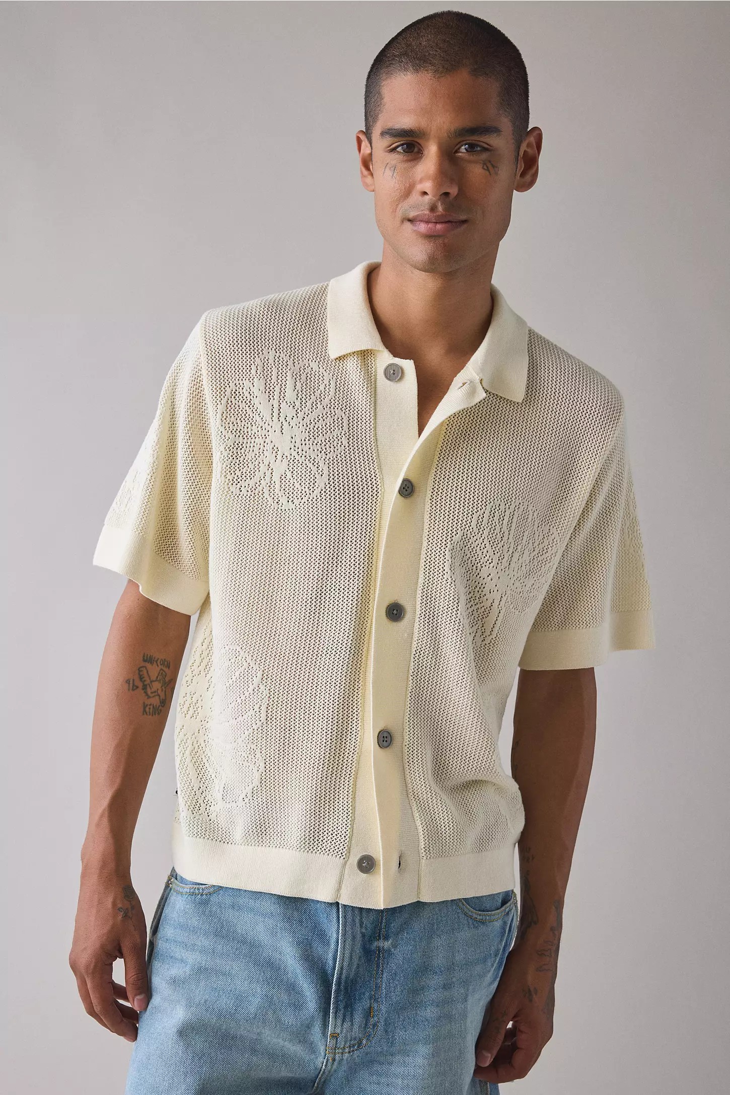 Floral Open Knit Short Sleeve Polo
