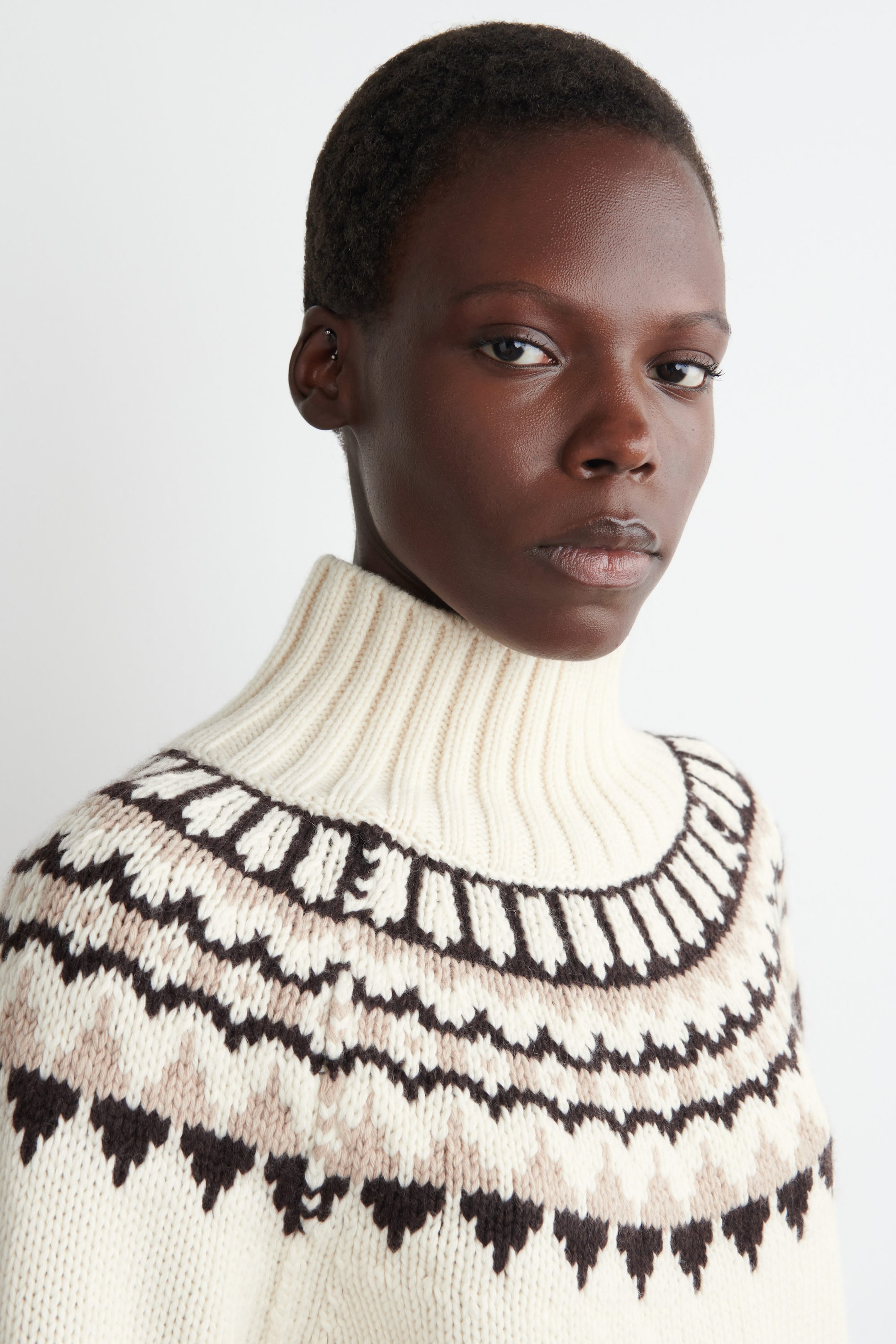 Cream Fair Isle Wool-Cashmere Mock Neck Sweater