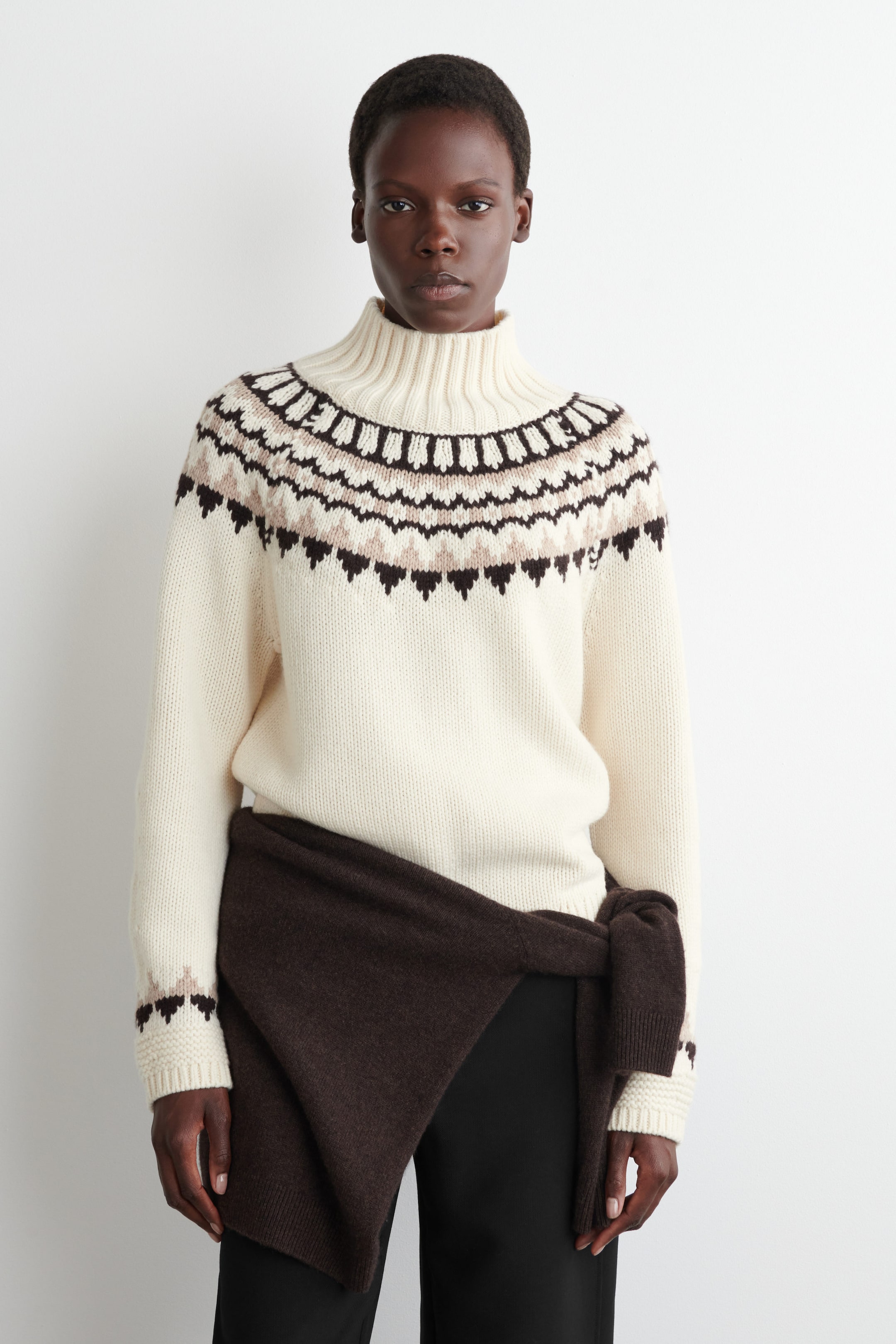 Cream Fair Isle Wool-Cashmere Mock Neck Sweater