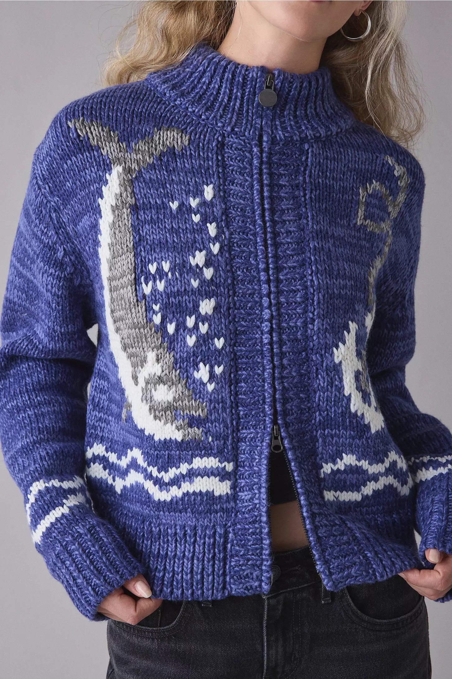 Sailboat Patterned Knit Zip-Up Sweater