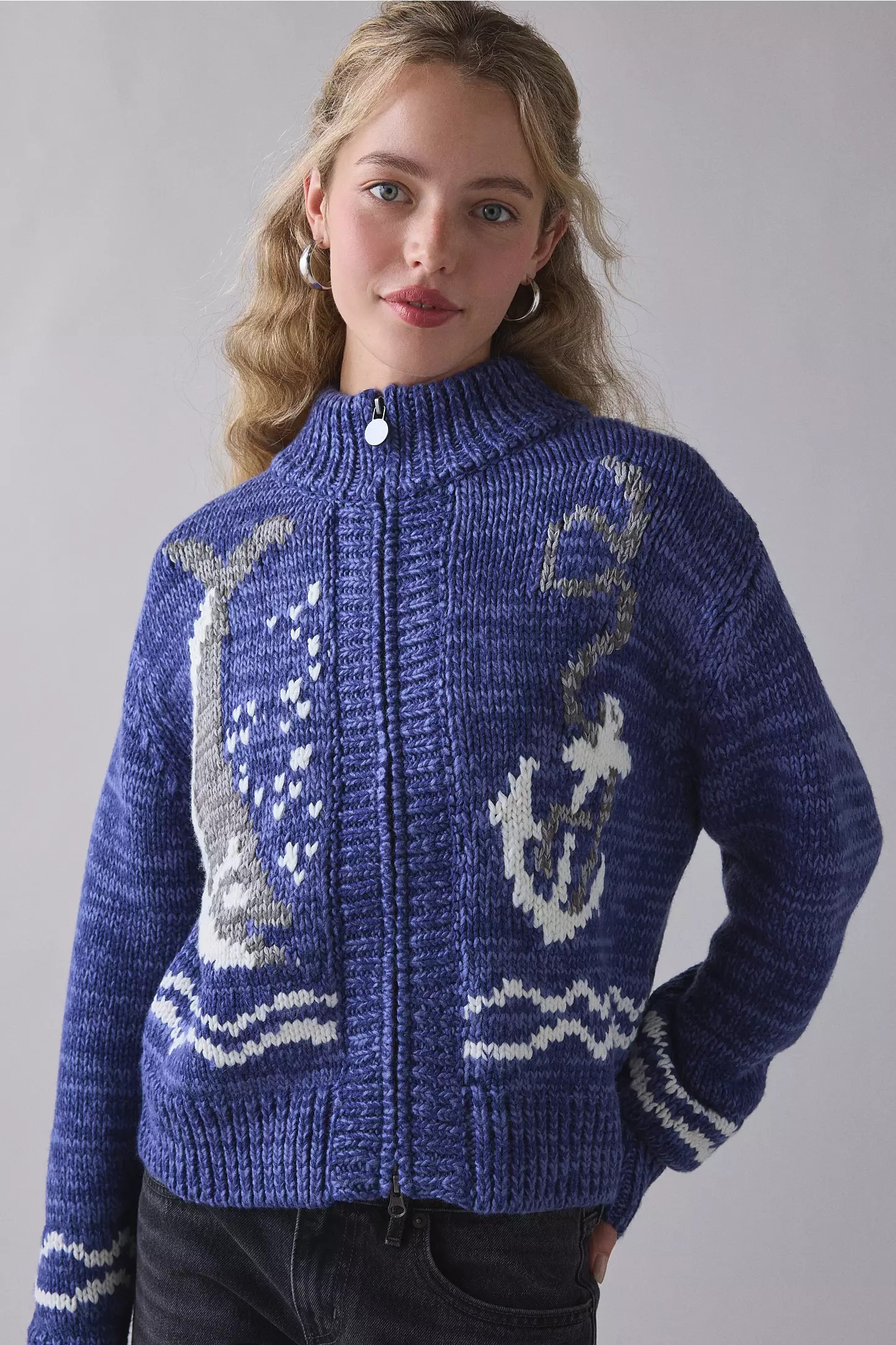 Sailboat Patterned Knit Zip-Up Sweater