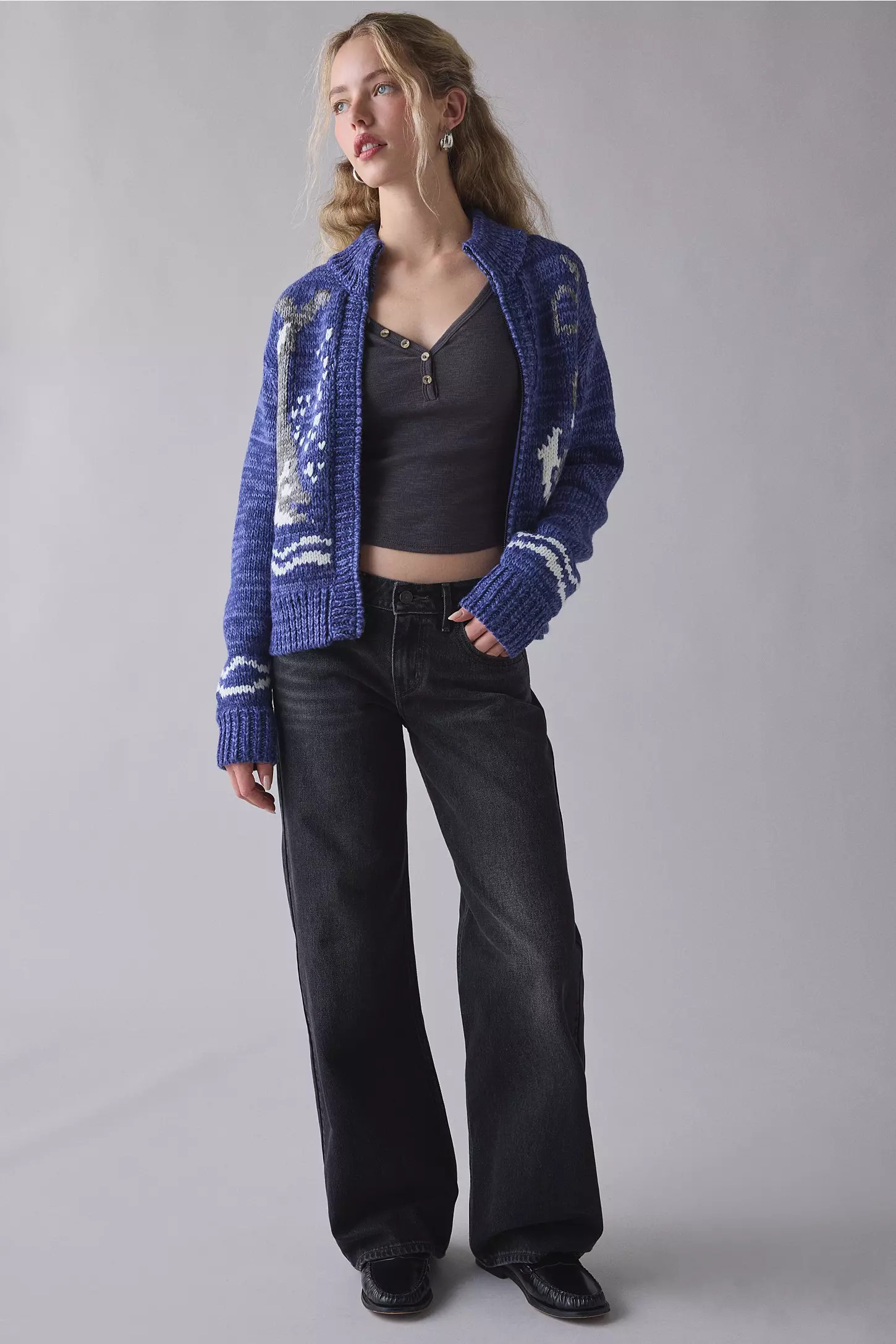 Sailboat Patterned Knit Zip-Up Sweater
