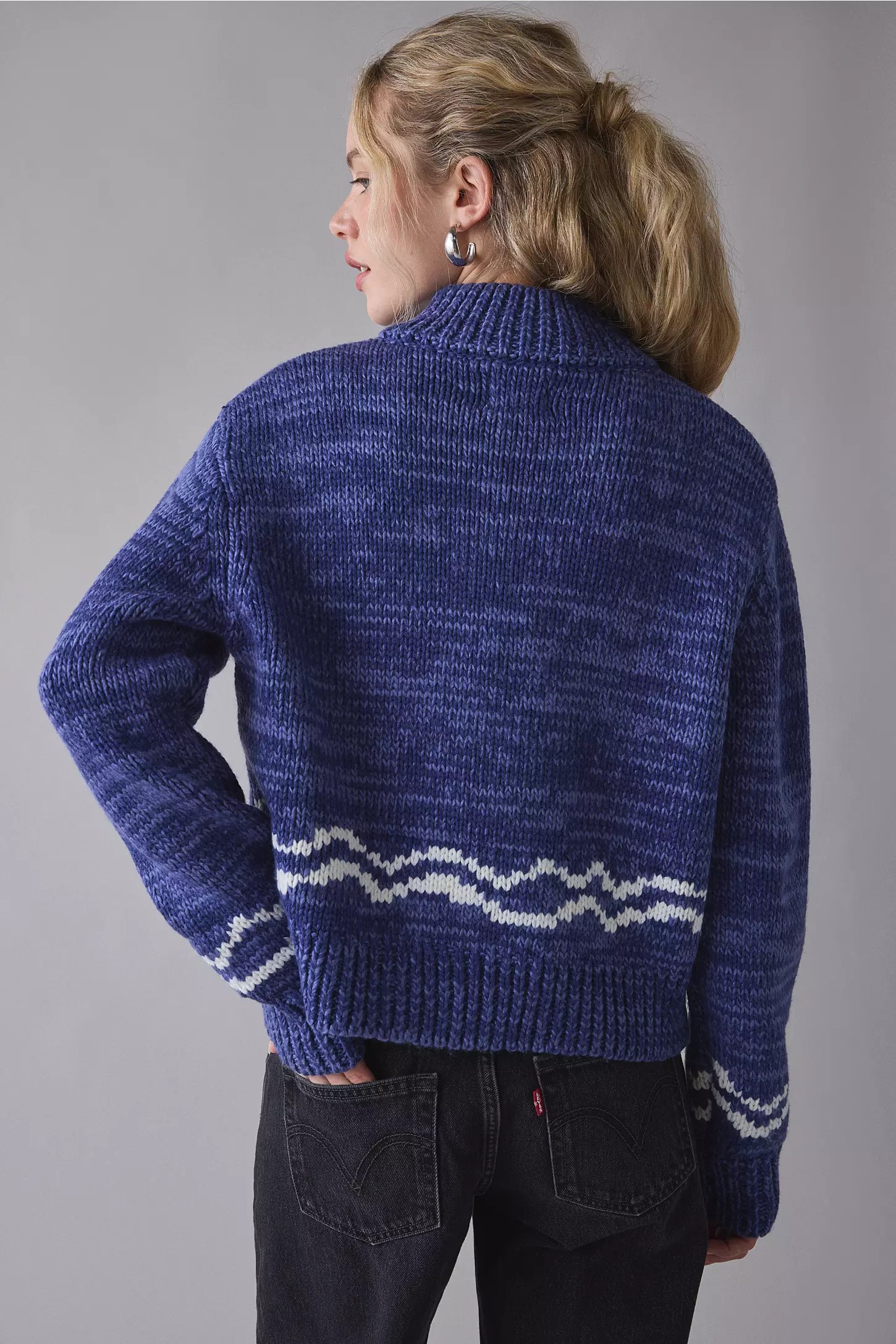 Sailboat Patterned Knit Zip-Up Sweater
