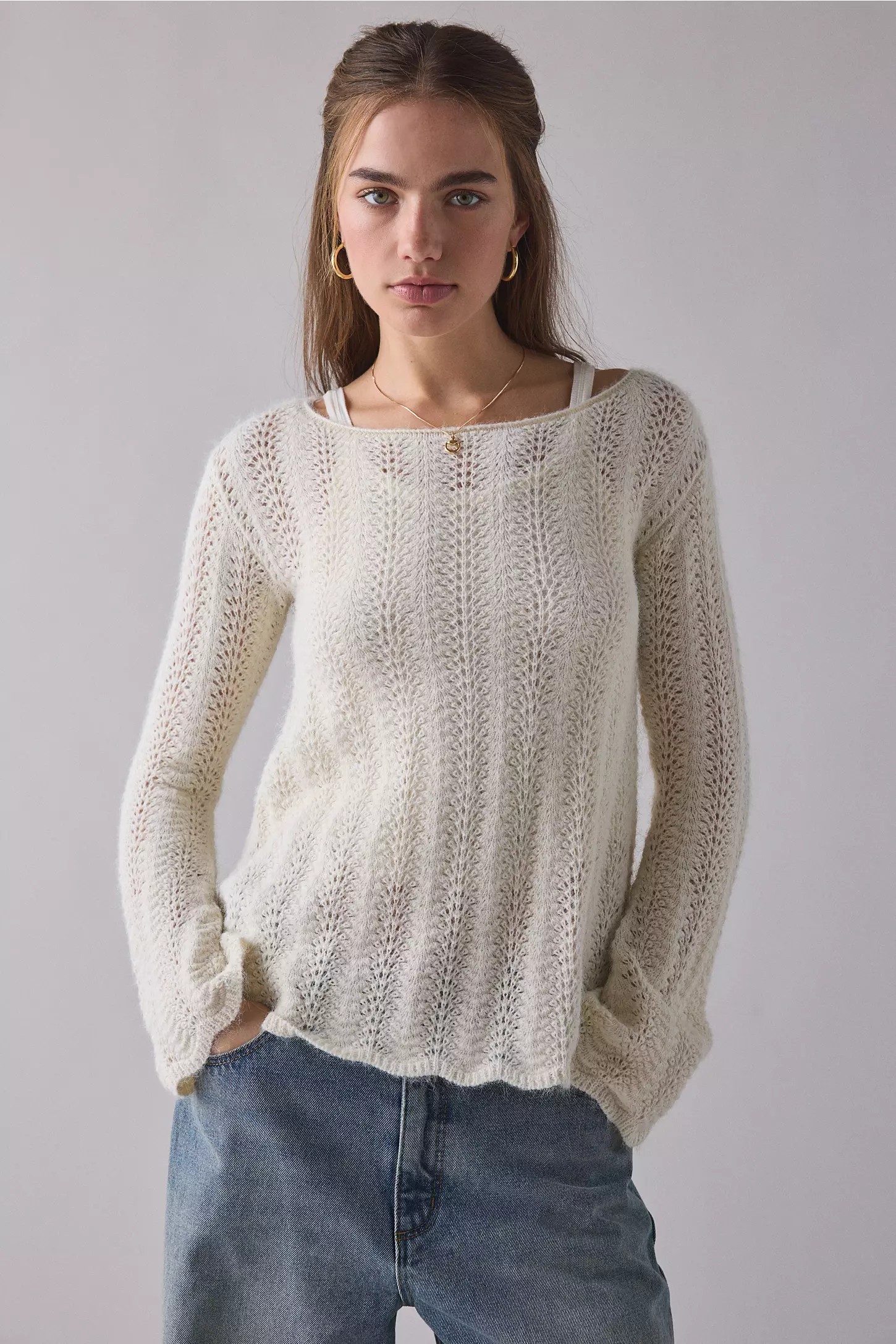 Trapeze Bell Sleeve Pointelle Knit Sweater