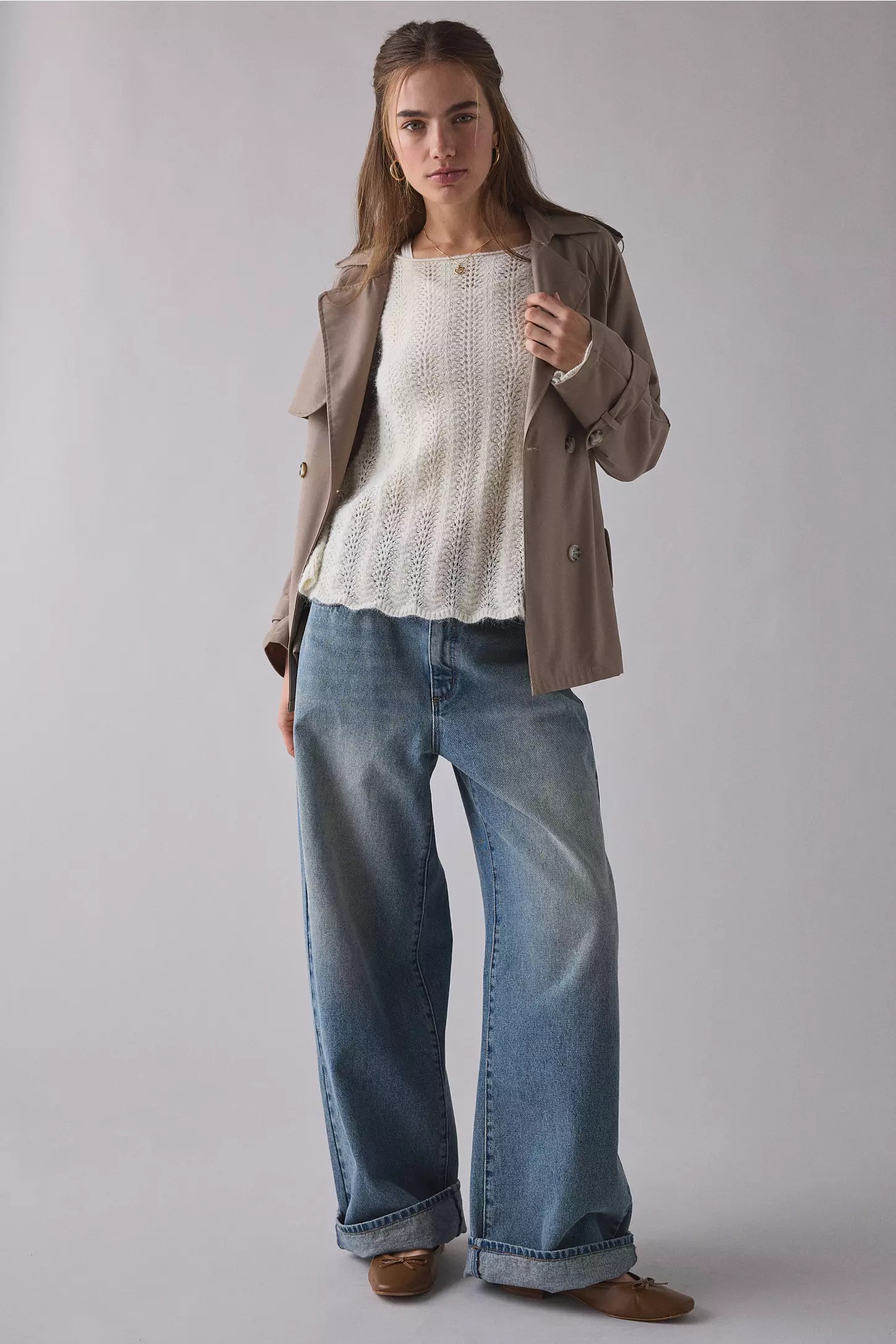 Trapeze Bell Sleeve Pointelle Knit Sweater