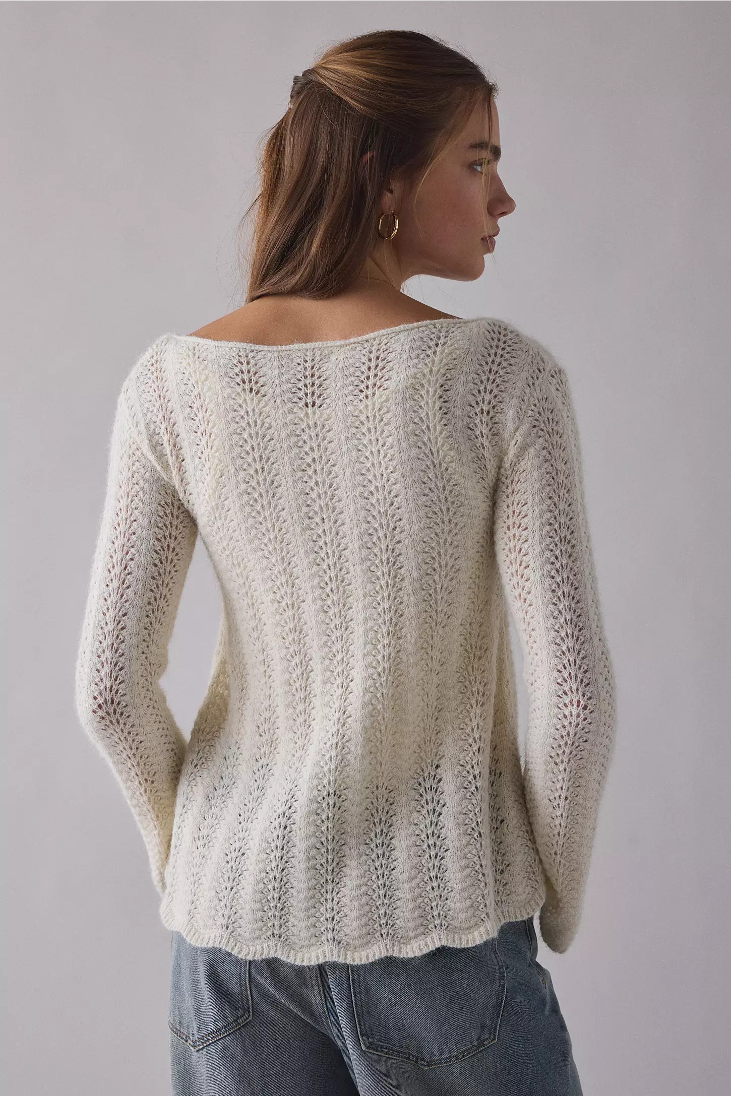 Trapeze Bell Sleeve Pointelle Knit Sweater
