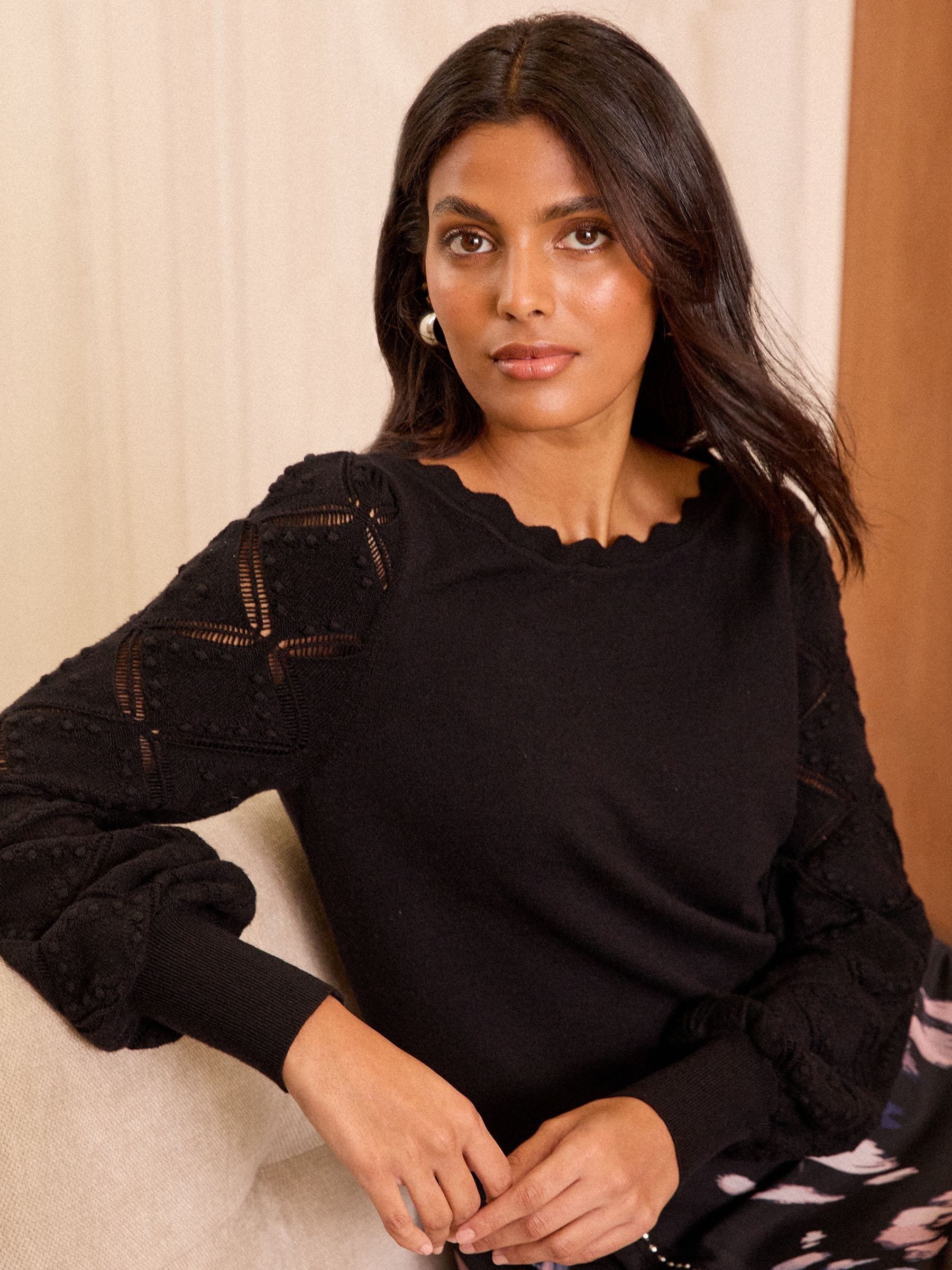 Black Bobble Stitch Scallop Knit Jumper