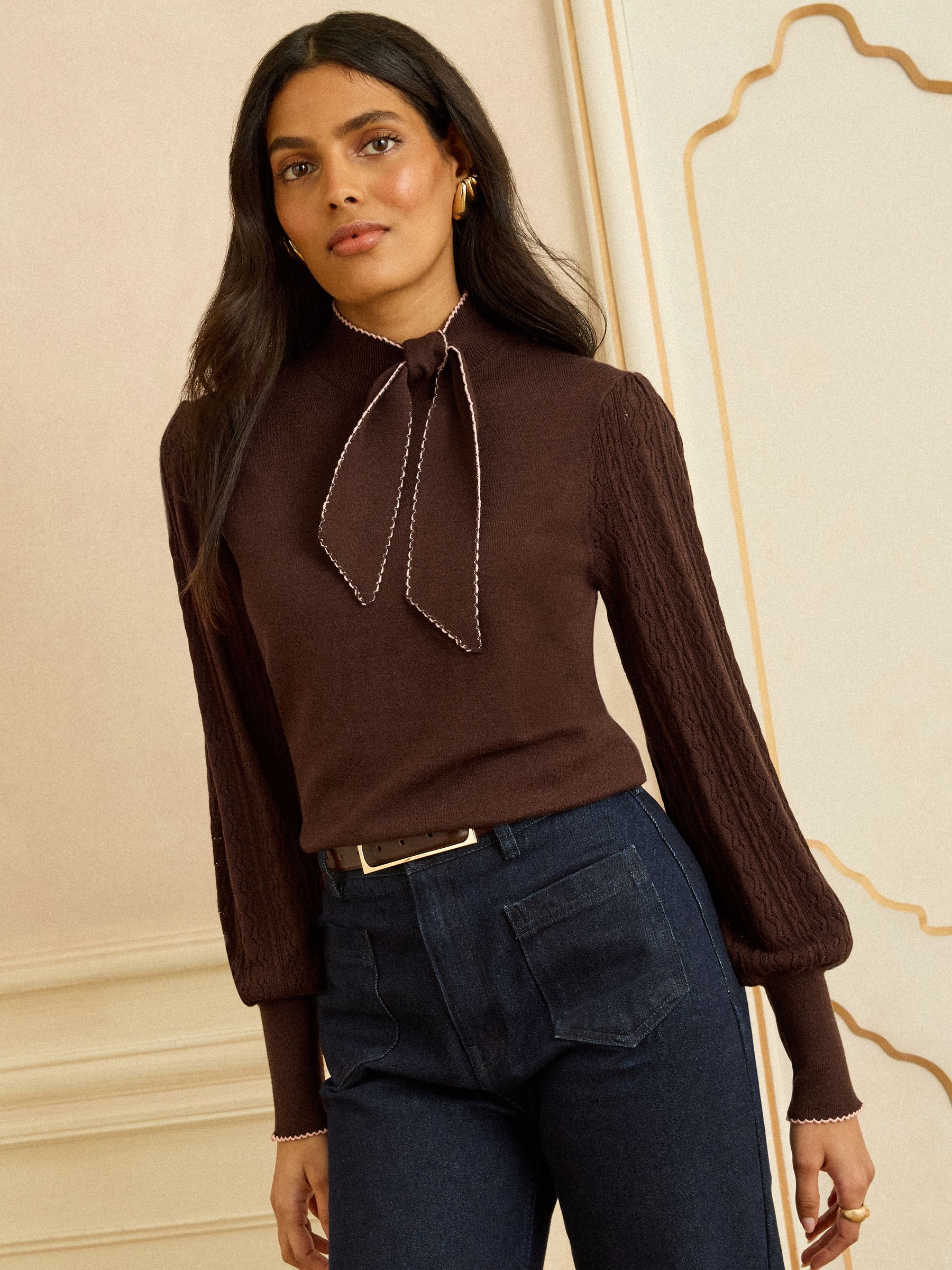 Chocolate Brown Tie Neck Knitted Jumper