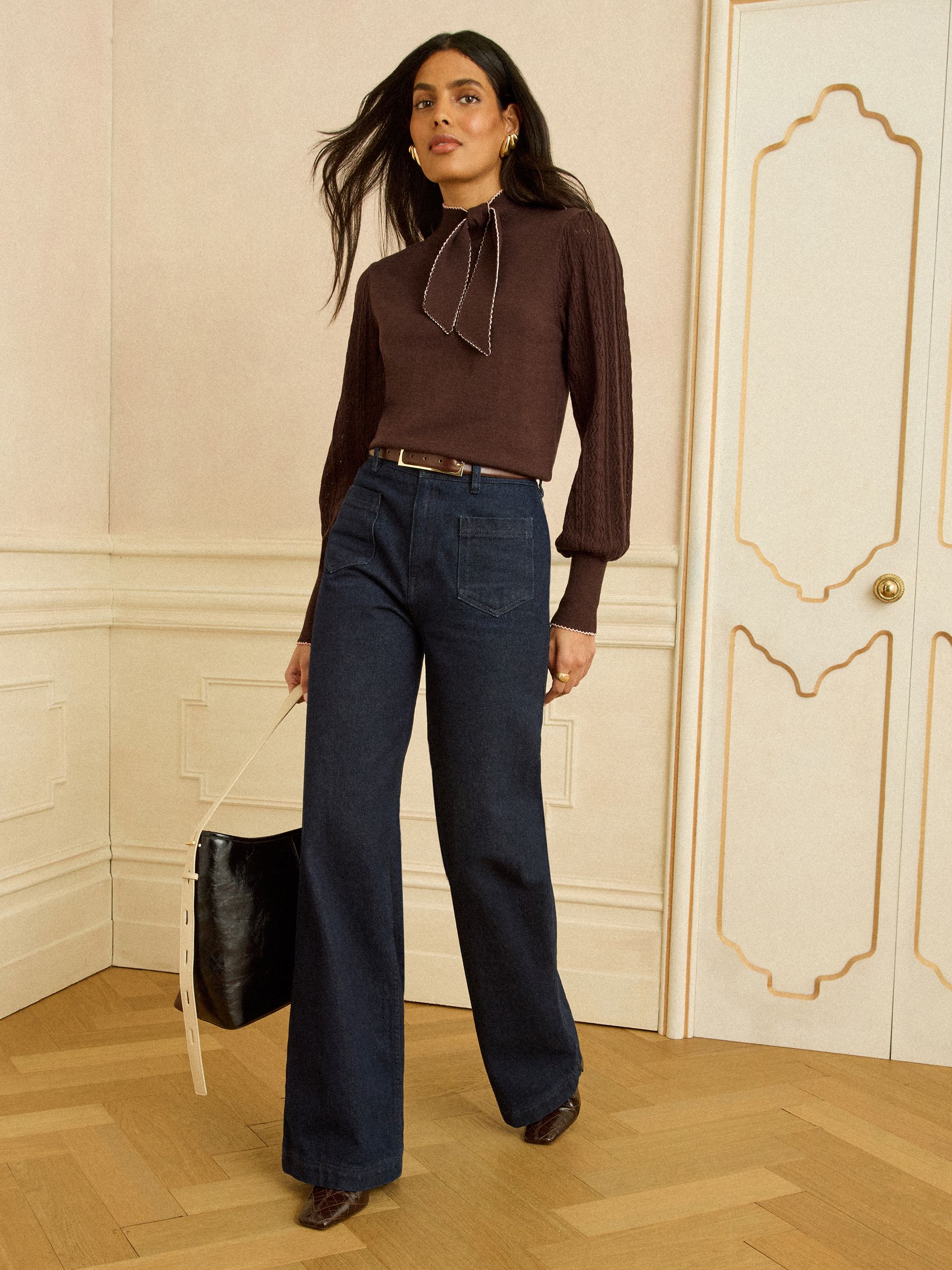 Chocolate Brown Tie Neck Knitted Jumper