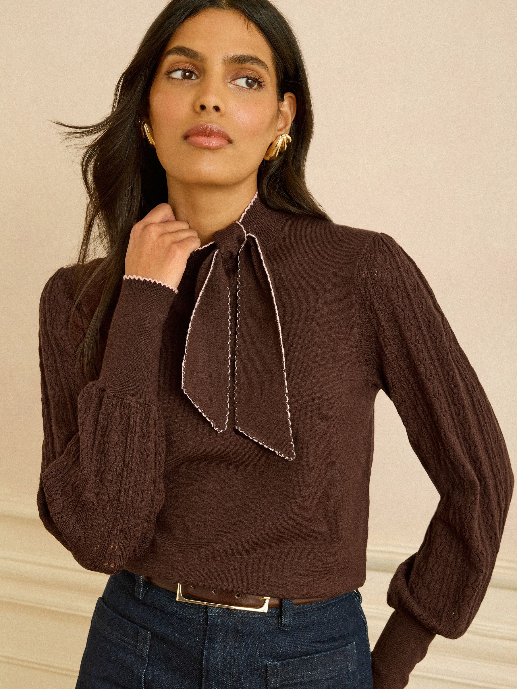 Chocolate Brown Tie Neck Knitted Jumper