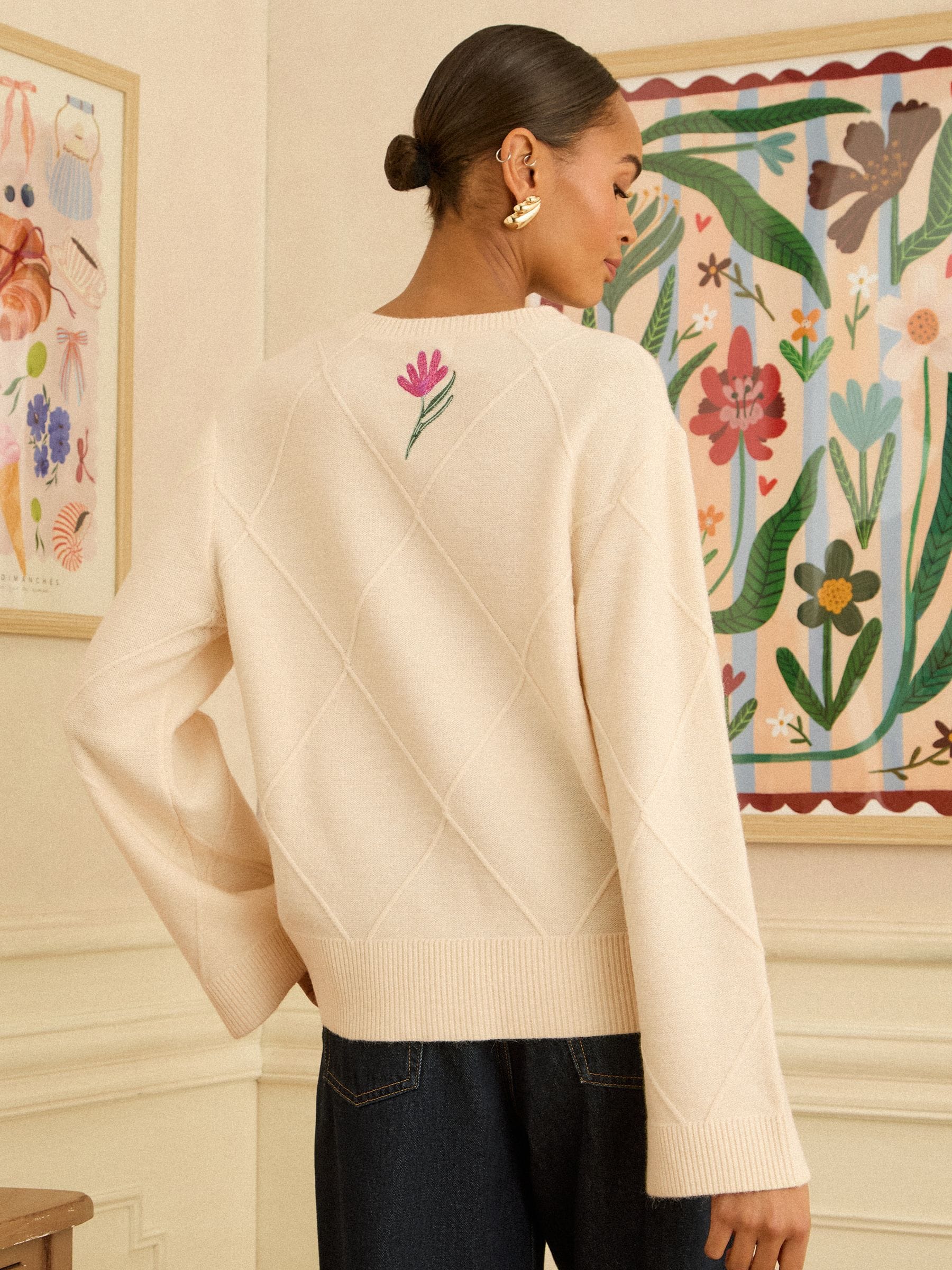 Ivory Embroidered Detail Knitted Jumper