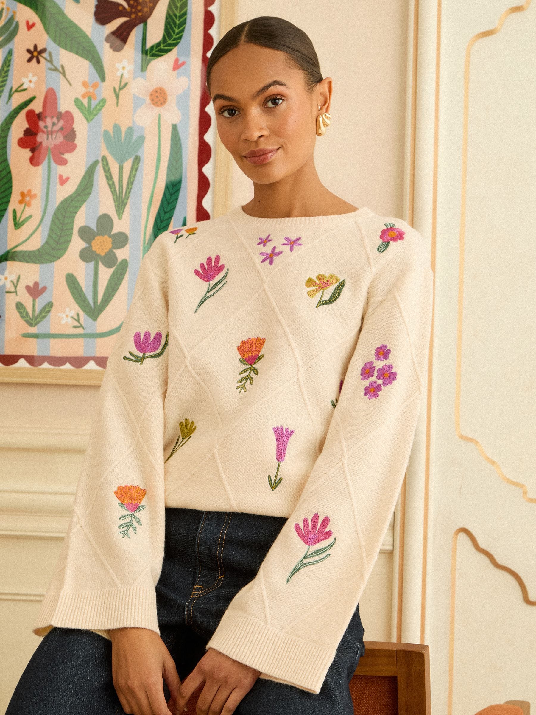 Ivory Embroidered Detail Knitted Jumper