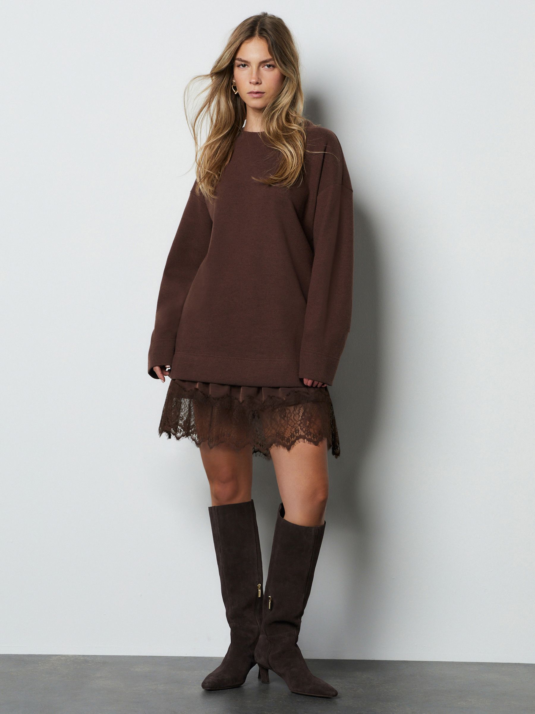 Chocolate Brown 2-in m m-1 Soft Touch Jumper & Lace Skirt