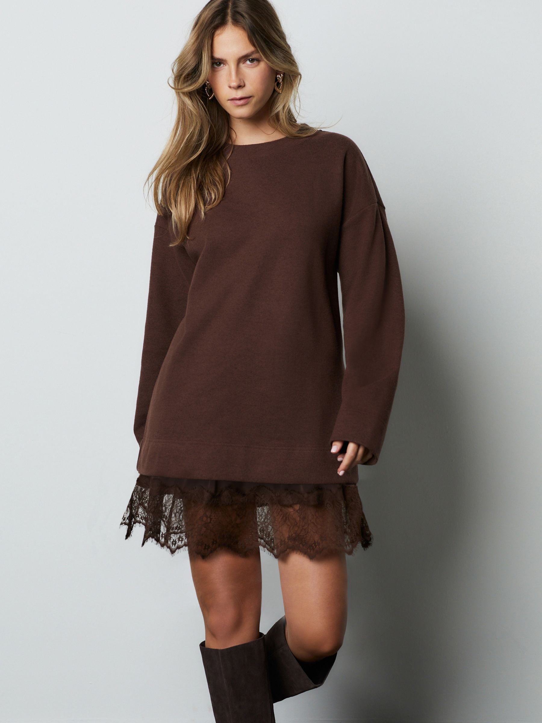 Chocolate Brown 2-in m m-1 Soft Touch Jumper & Lace Skirt