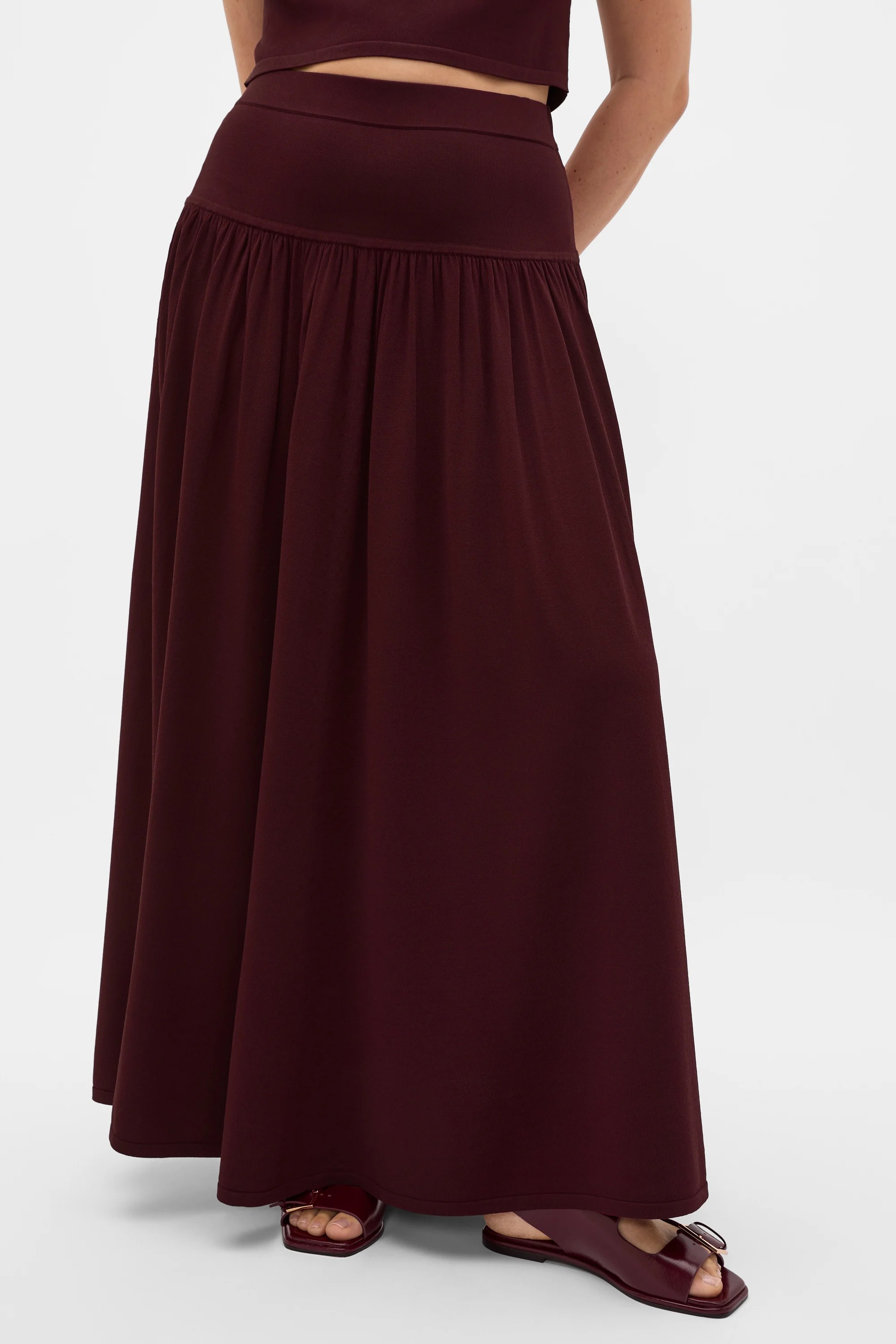 Plum Red Compact Crepe Knit Midi Skirt