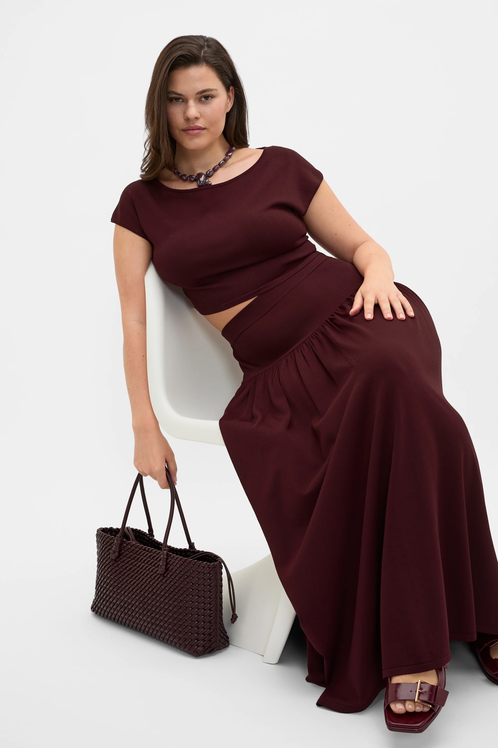 Plum Red Compact Crepe Knit Midi Skirt
