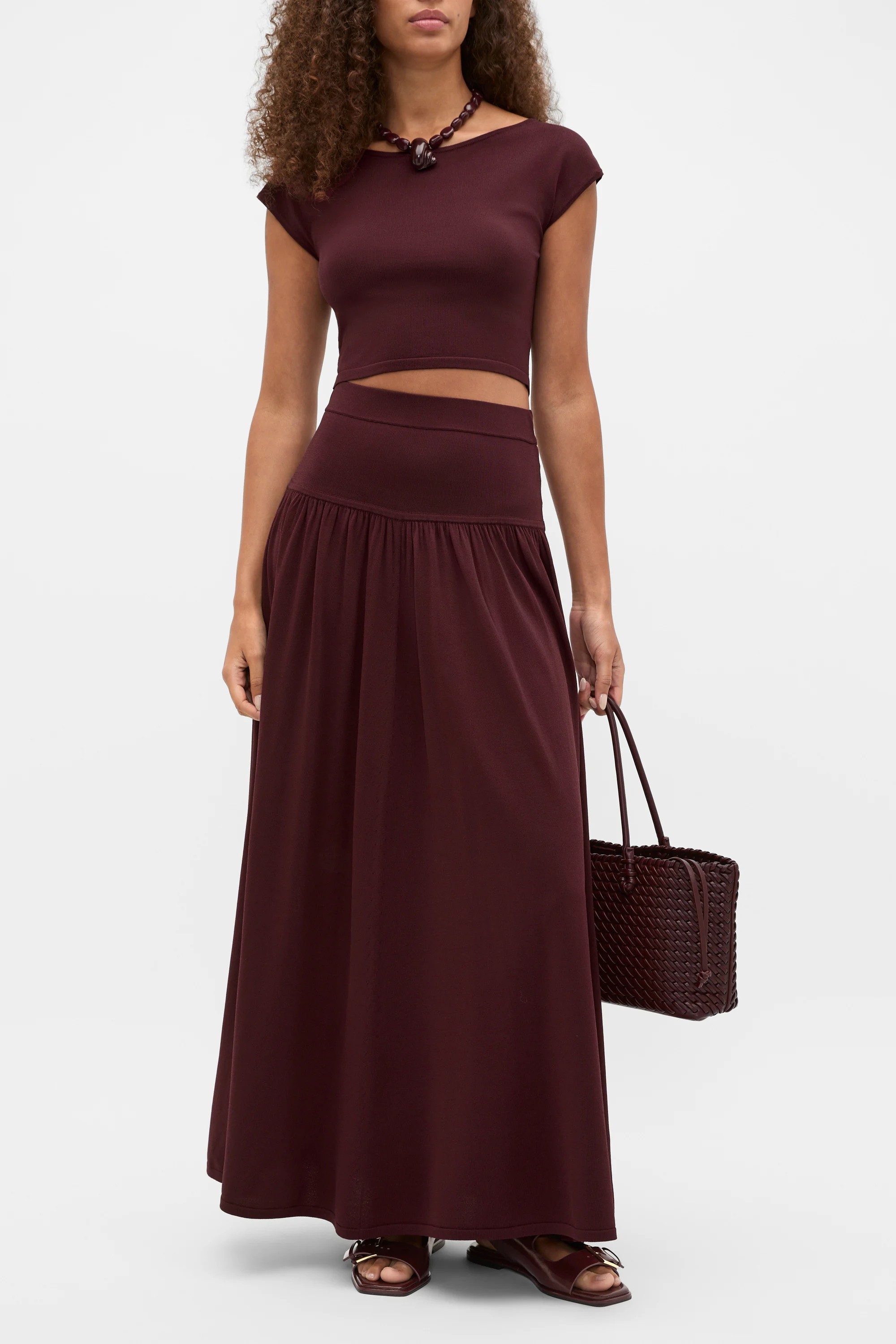 Plum Red Compact Crepe Knit Midi Skirt