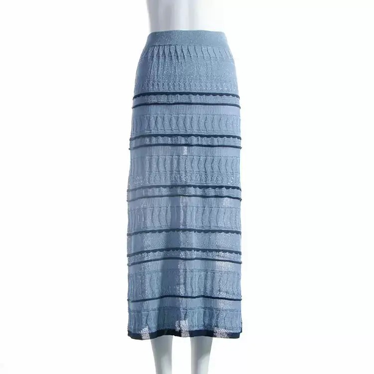 Sky Blue Striped A-Line Knit Skirt